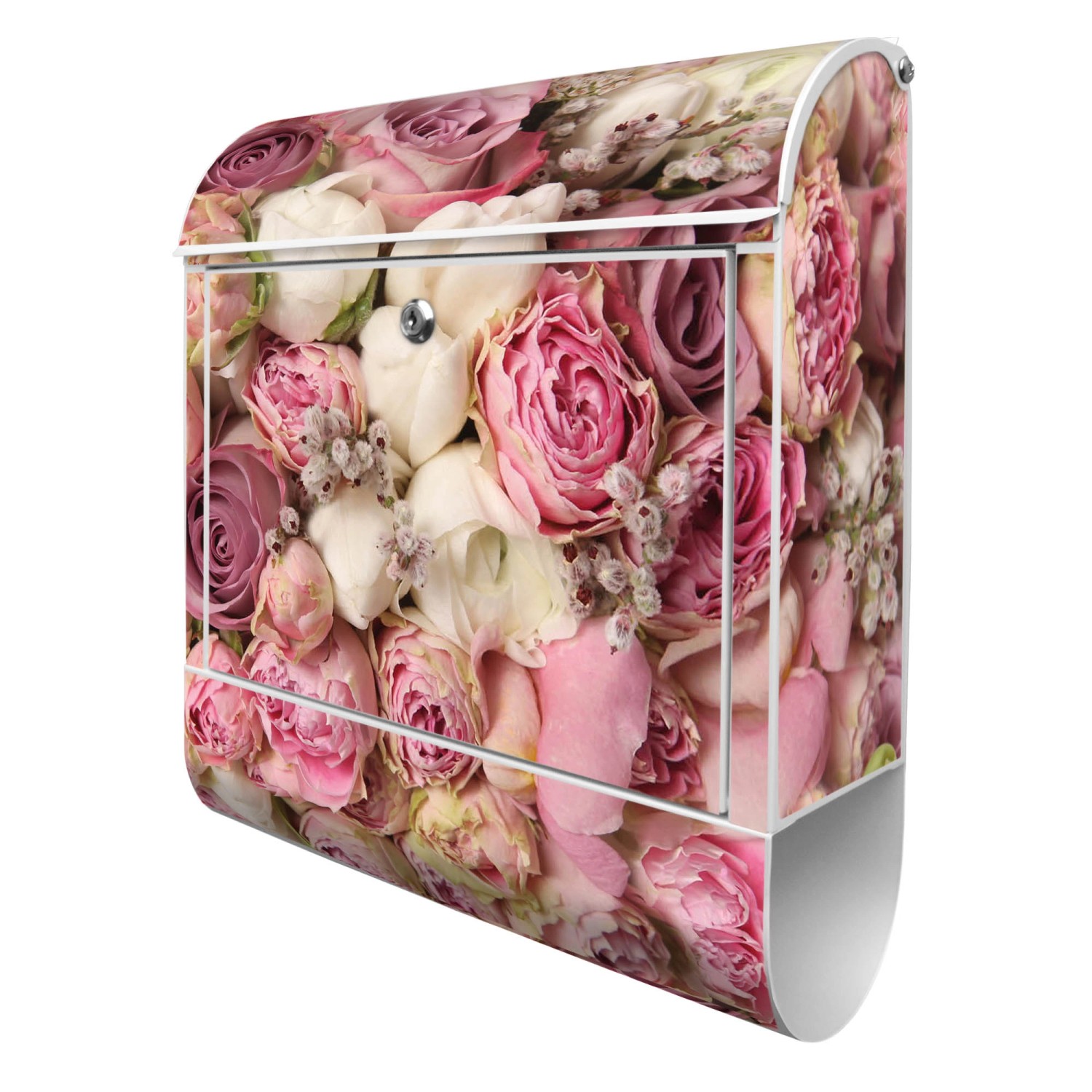 Banjado Design Briefkasten Weiß Pulverbeschichtet, 39x47x14cm, 2 Schlüssel, Mit Zeitungsfach Motiv Strauss Rosen