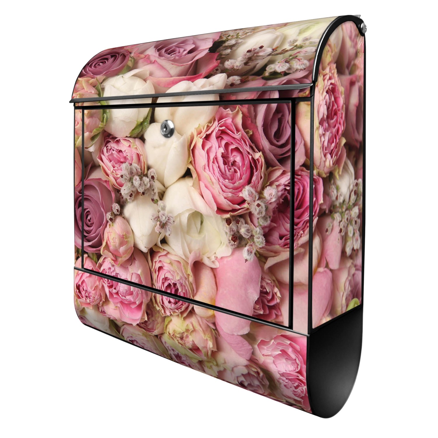 Banjado Design Briefkasten Schwarz Pulverbeschichtet, 39x47x14cm, 2 Schlüssel, Mit Zeitungsfach Motiv Strauss Rosen