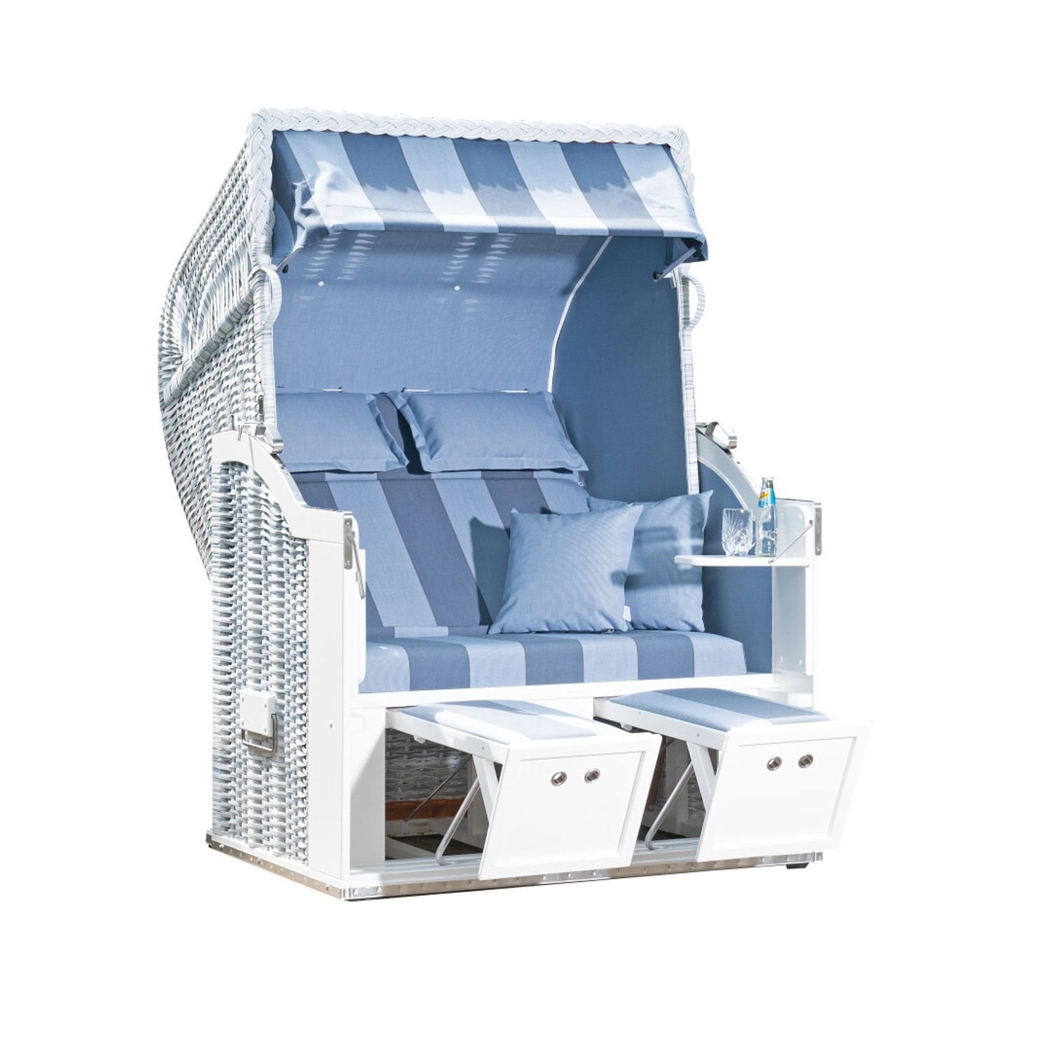 Natur24 Strandkorb Classic 2-Sitzer mit PE-Gleitern Blau / Weiß