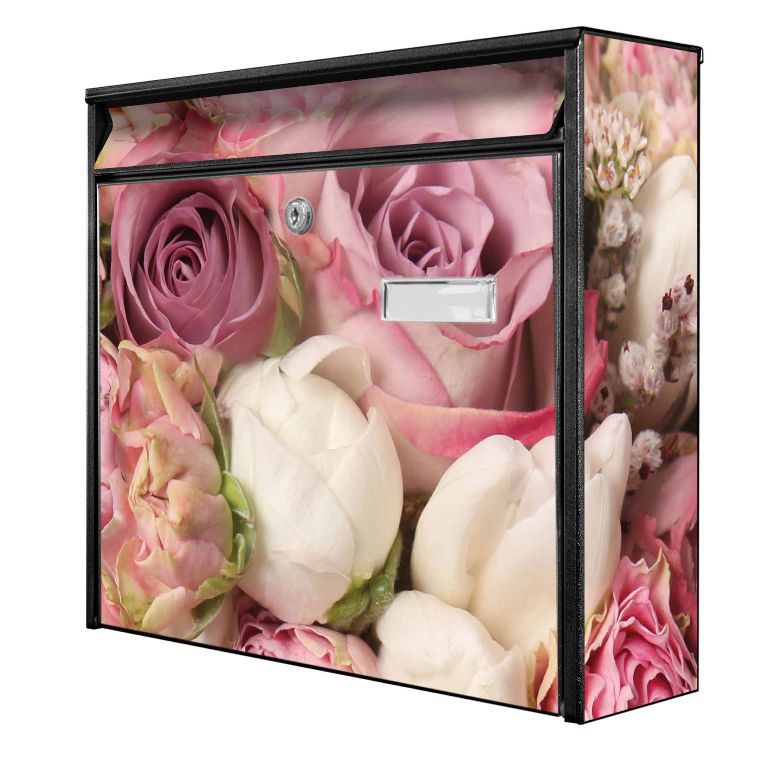 Banjado Briefkasten Schwarz 36.2x32.2x10cm Groß / Inkl. Montagematerial & 2 Schlüsseln / Mit Namensschild Motiv Strauss Rosen