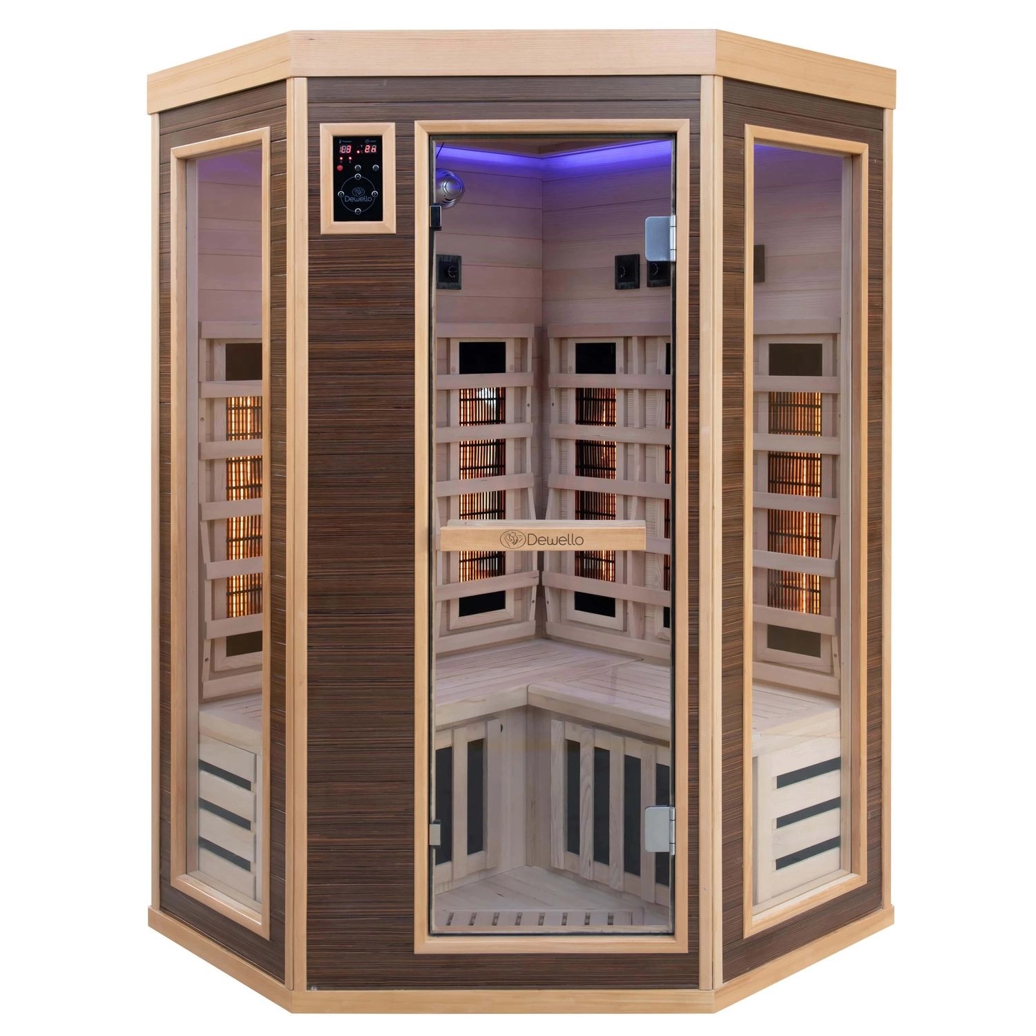 Dewello Infrarotkabine Sauna Montreal 120cm x 120cm 2 Personen Vollspektrum & Karbonstrahler Hemlock Walnuss Holz