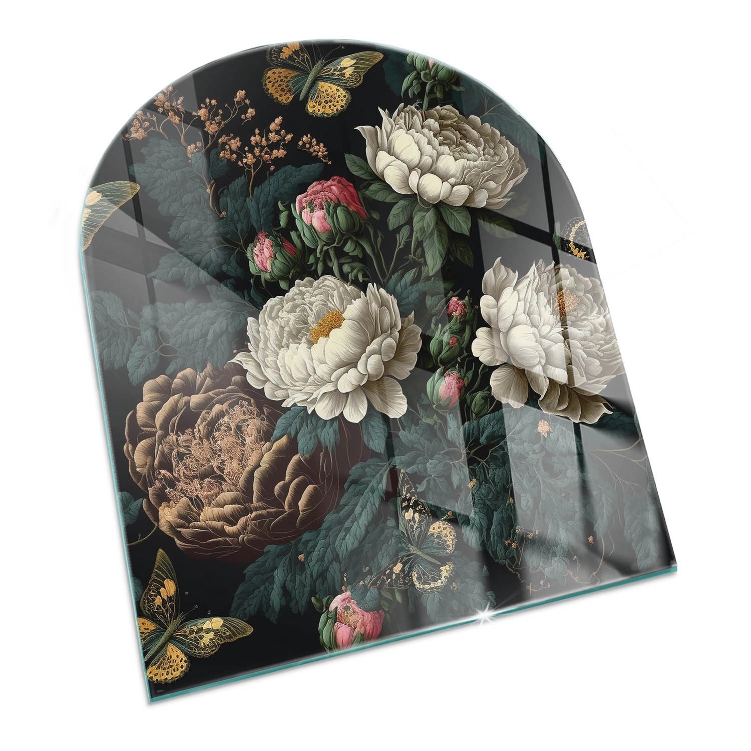 Tulup Glasplatte für Kamin Blumenmuster mit Schmetterlingen Glasplatte unter Kamin Halbkreis 80x70 cm Grün Glasplatte für Kamin Glas unter Kamin