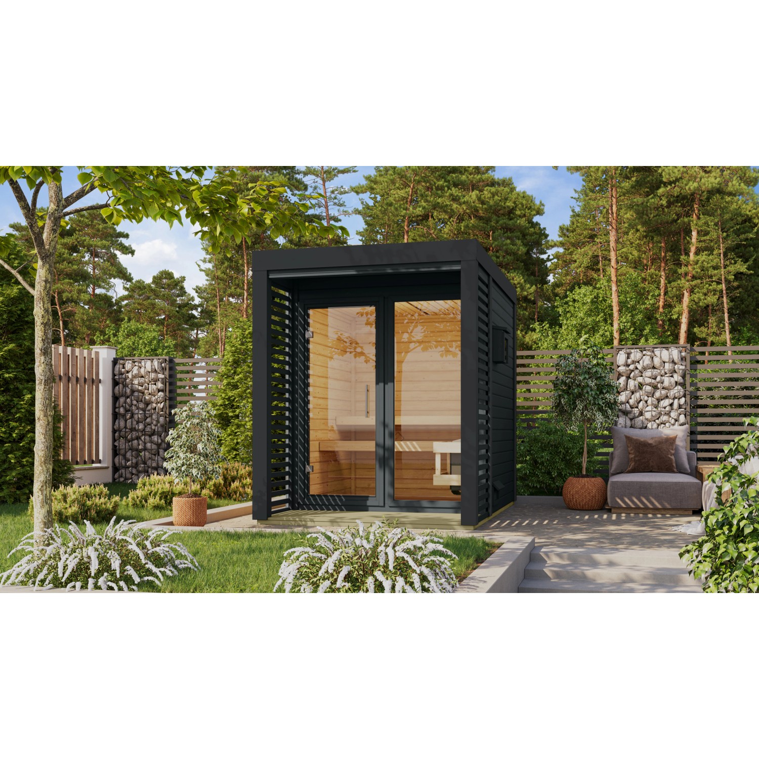 Karibu Saunahaus Seros 1 Anthrazit/Anthrazit mit Ofen 9 kW Ext. Strg.