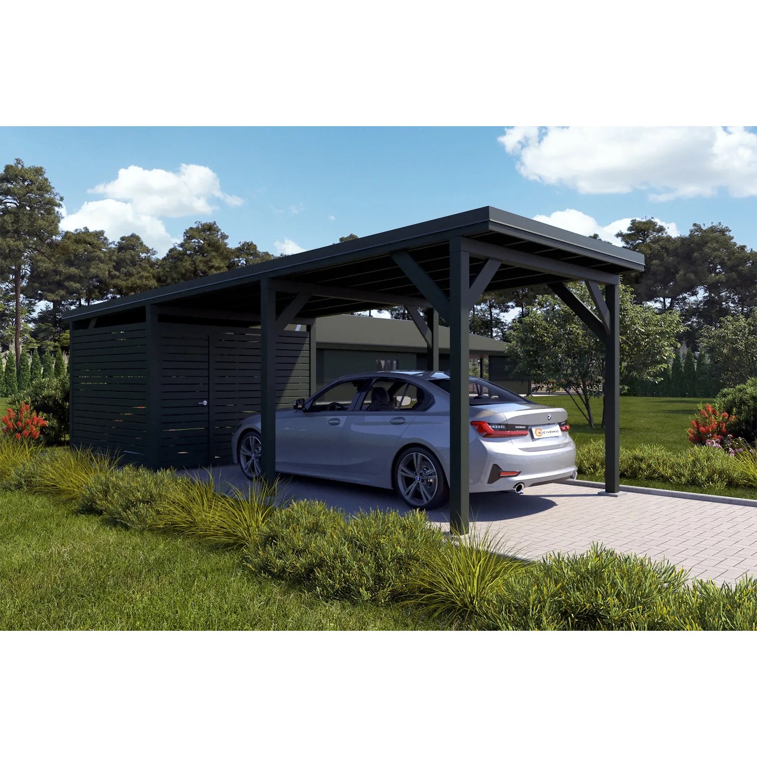 Holzbrüder Carport Ralf 26m² mit Geräteraum Chromoxidgrün-Dornengrün
