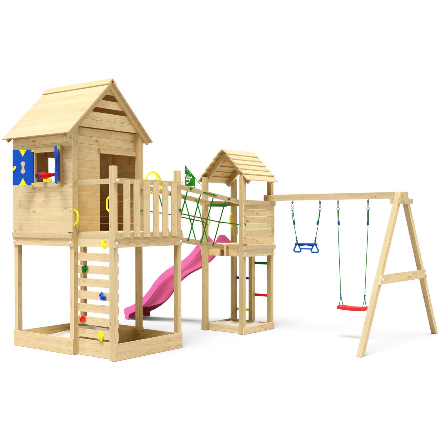 Jungle Gym Spielturm Retreat Holz Fensterläden Doppelschaukel Rutsche Fuchsia