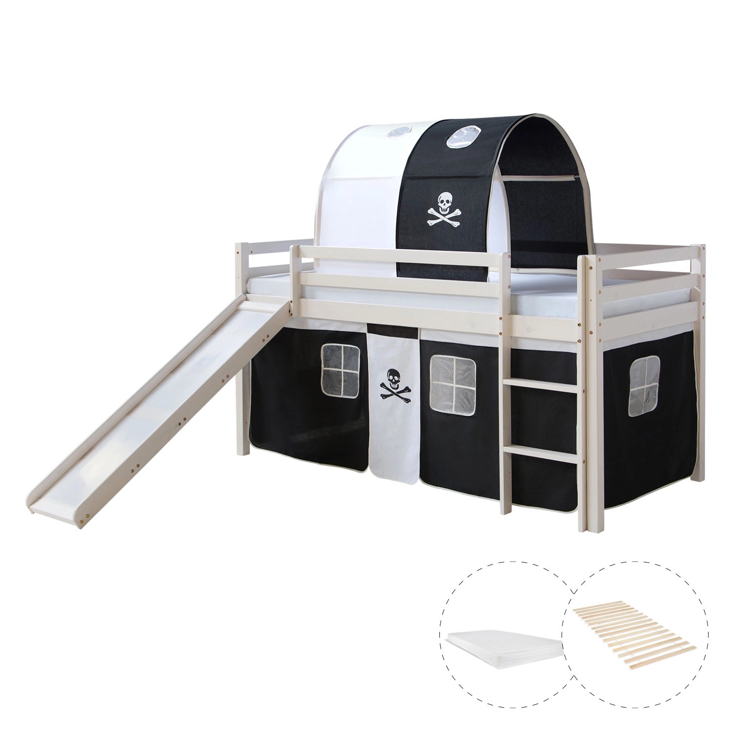 Homestyle4u Hochbett 90x200 mit Vorhang Lattenrost Matratze Rutsche Tunnel Weiß Pirat 2548