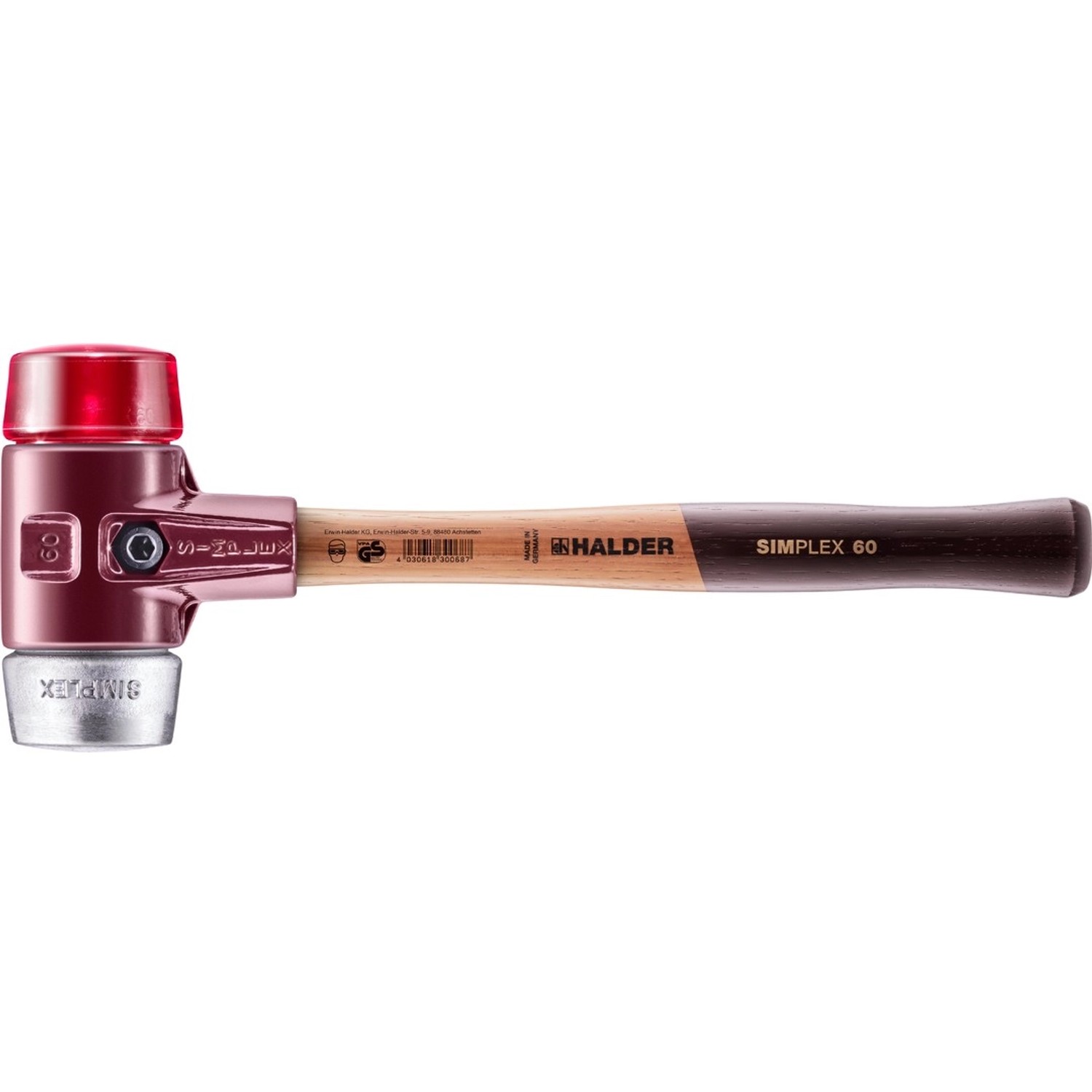 Halder Simplex Schonhammer Ø 60 mm Plastik Rot Weichmetall mit Tempergussgehäuse