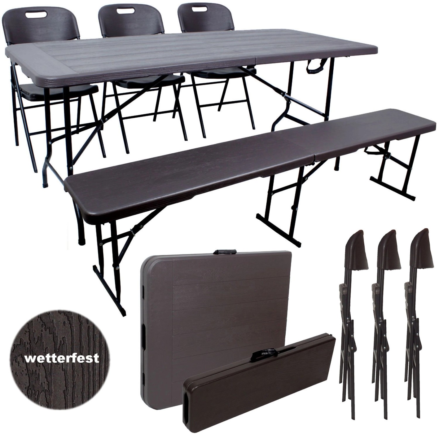 TRUTZHOLM Bierzeltgarnitur 180x75cm 1 Tisch 1 Bank 3 Stühle Holzoptik Grau