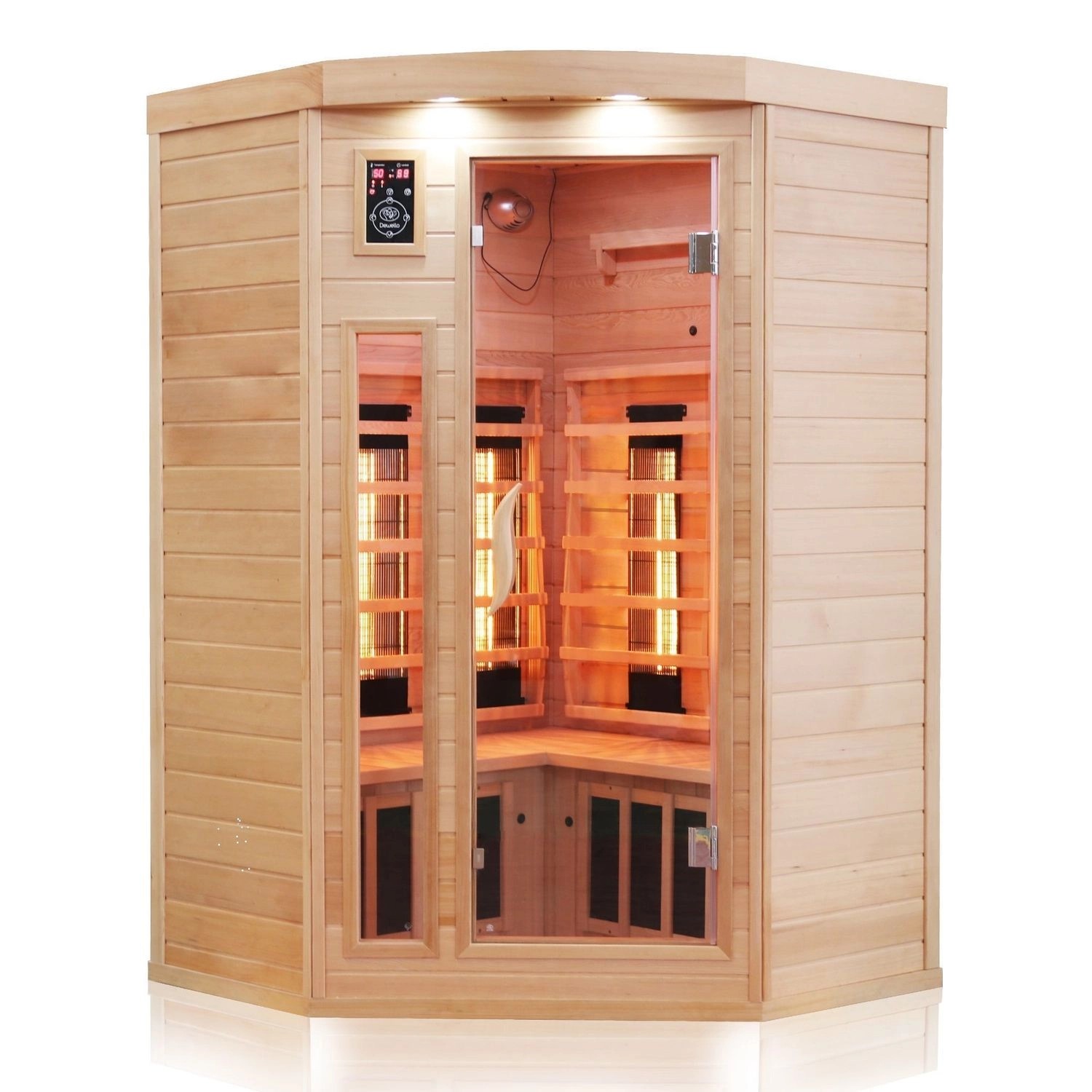 Dewello Infrarotkabine Sauna Lakefield 140cm x 140cm 2 Personen Vollspektrum & Karbonstrahler Hemlock Tannenholz