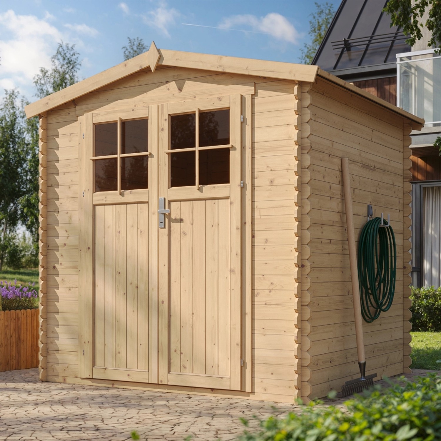 Timbela Holz-Gartenhaus M343F+M343G 3,53 m² mit großen Fenstern und Boden