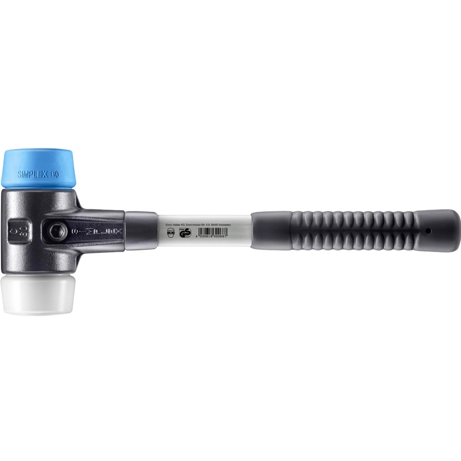 Halder Simplex Schonhammer Ø 60 mm TPE-soft Blau Superplastik mit Verstärktem Tempergussgehäuse und FiberglasStiel