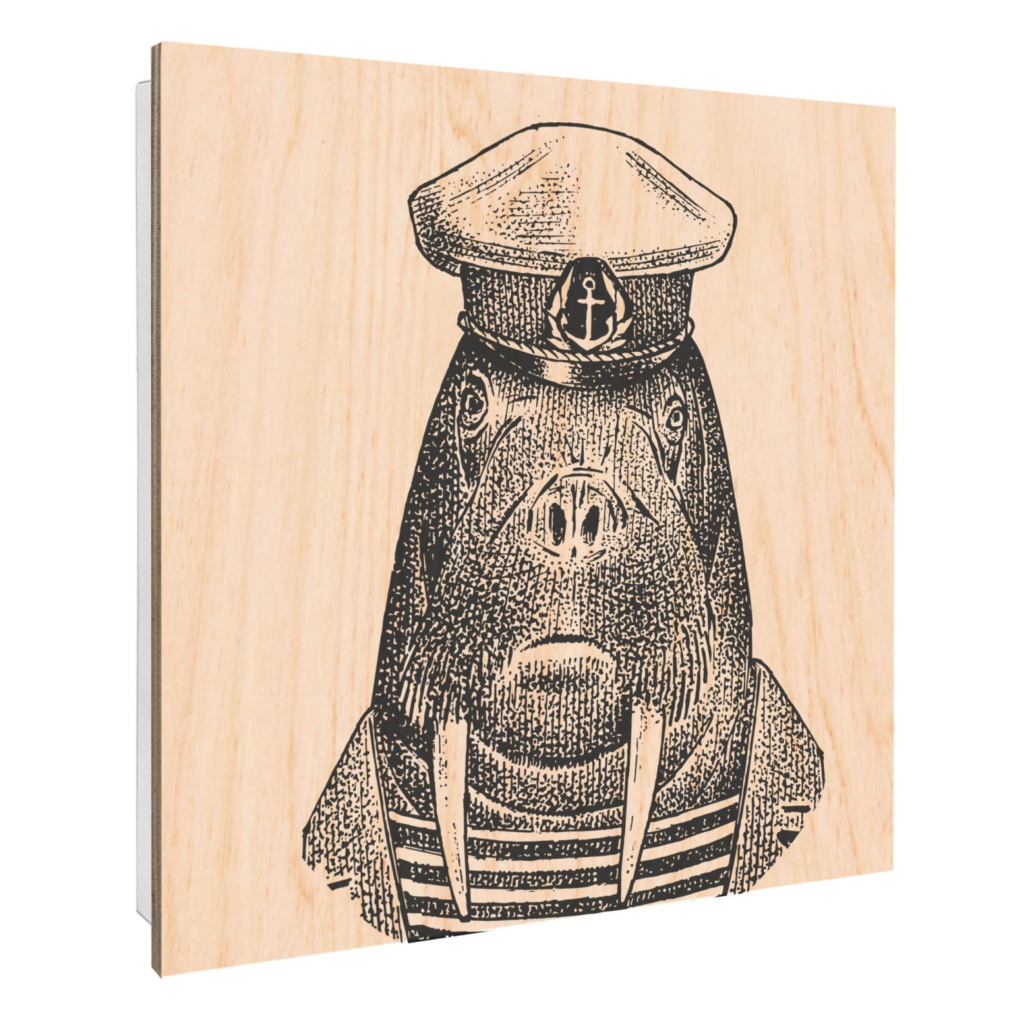 Banjado Großer Schlüsselbox Holz 30x30cm Weiß Scharnier Rechts 50 Haken Schlüsselkasten mit Holzfront Motiv Herr Walross 2