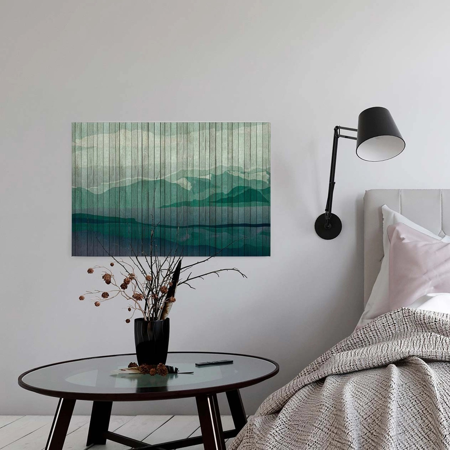 Bricoflor Leinwand Bild Bergsee In Holz Optik Grafisches Bild Auf Leinwand Mit Berglandschaft In Grün Blau Canvas Holzbild Mit Bergen Für Schlafzimmer