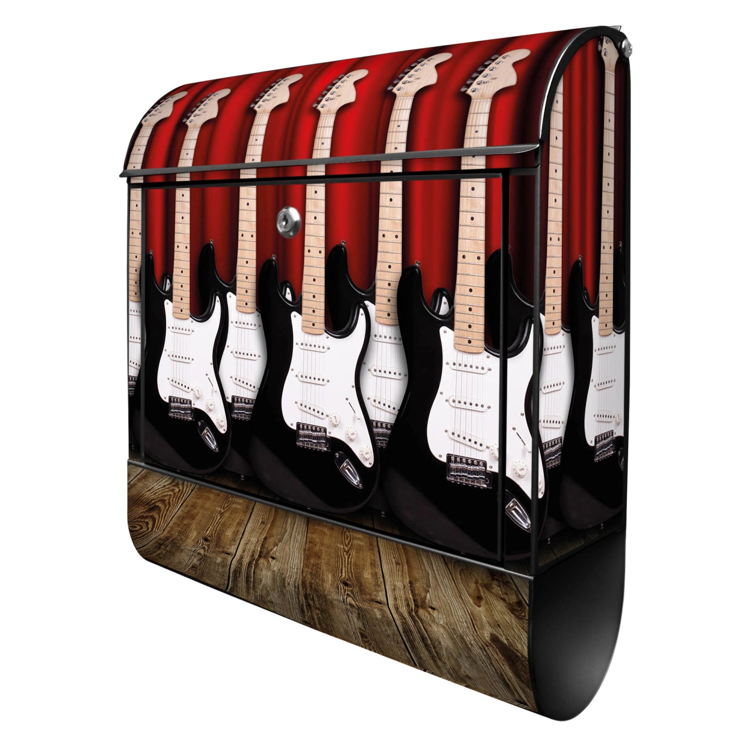 Banjado Design Briefkasten Schwarz Pulverbeschichtet 39x47x14cm 2 Schlüssel Mit Zeitungsfach Motiv E-Gitarren