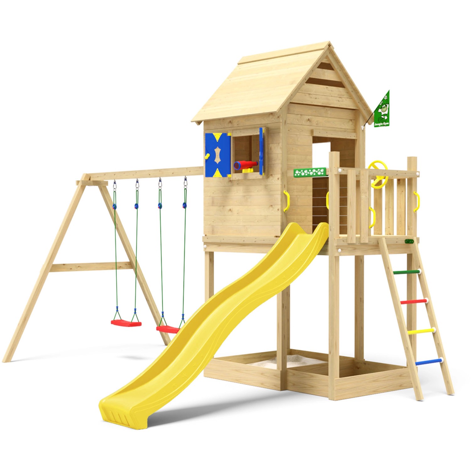 Jungle Gym Spielturm Holz Hideout mit Dach 2 Schaukeln Fensterl. Rutsche Gelb
