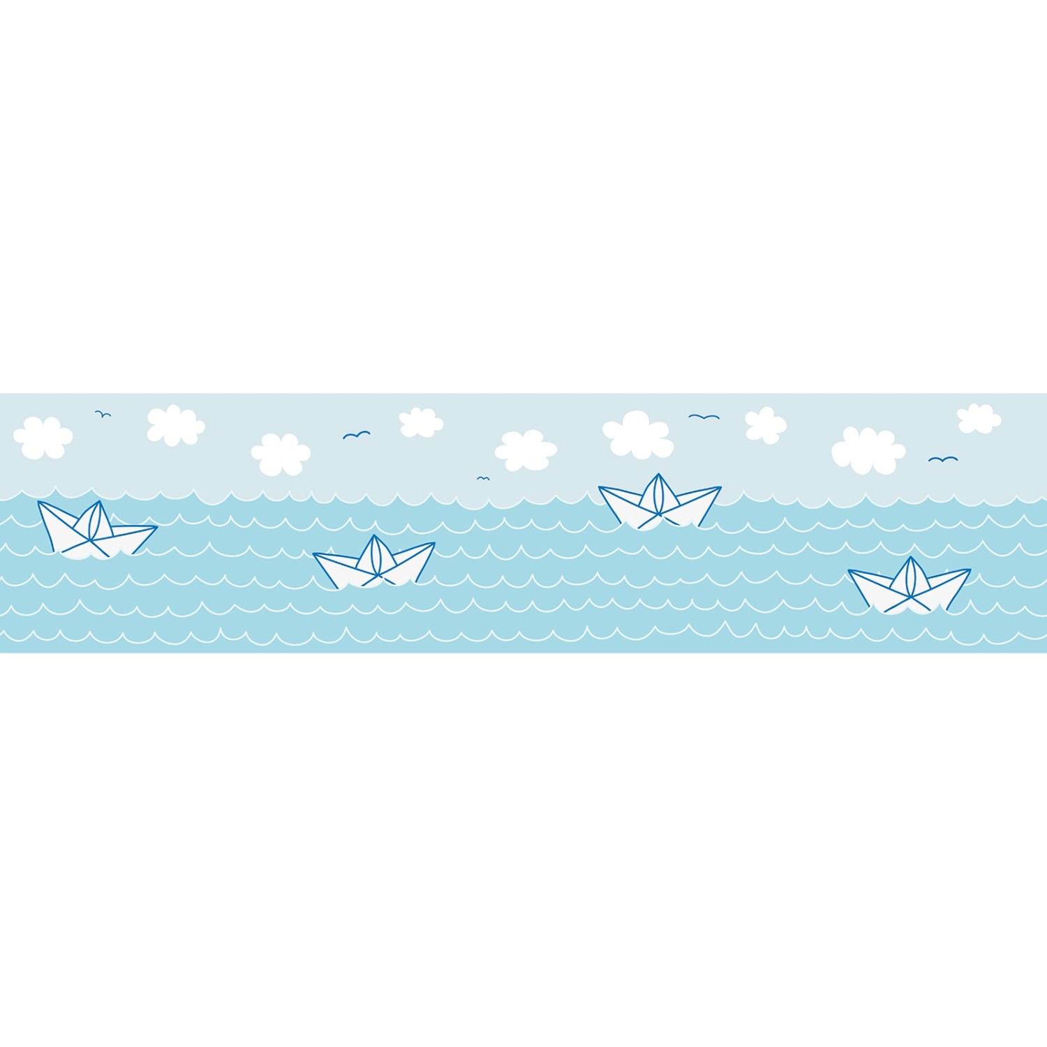 Bricoflor Kinderzimmer Bordüre Maritim in Blau Wolken Tapete mit Boot und Meer Ideal für Babyzimmer Selbstklebende Bordüre aus Vlies