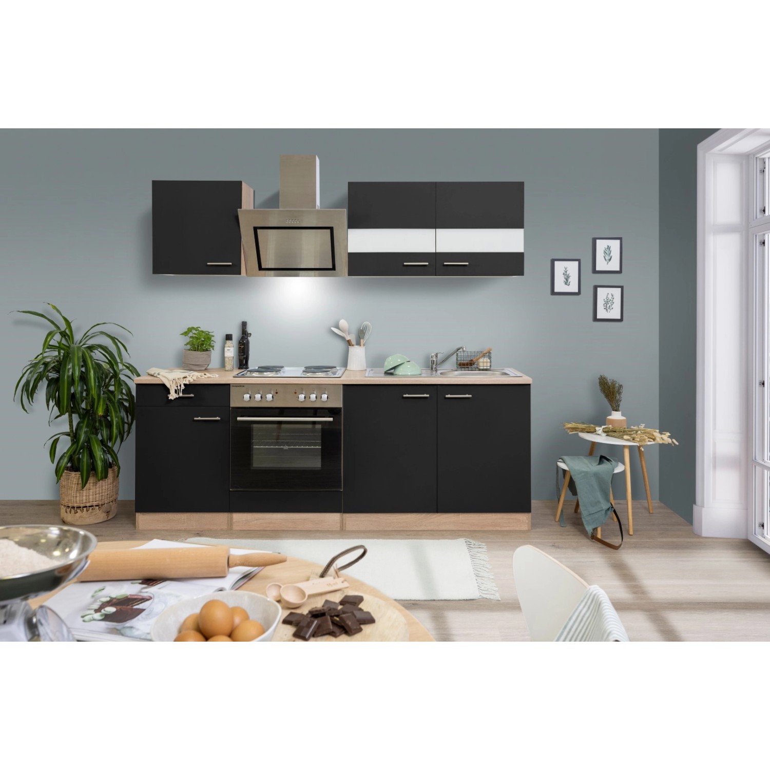 Respekta Economy Küchenzeile KB210ESSS 210 cm Schwarz-Eiche Sägerau