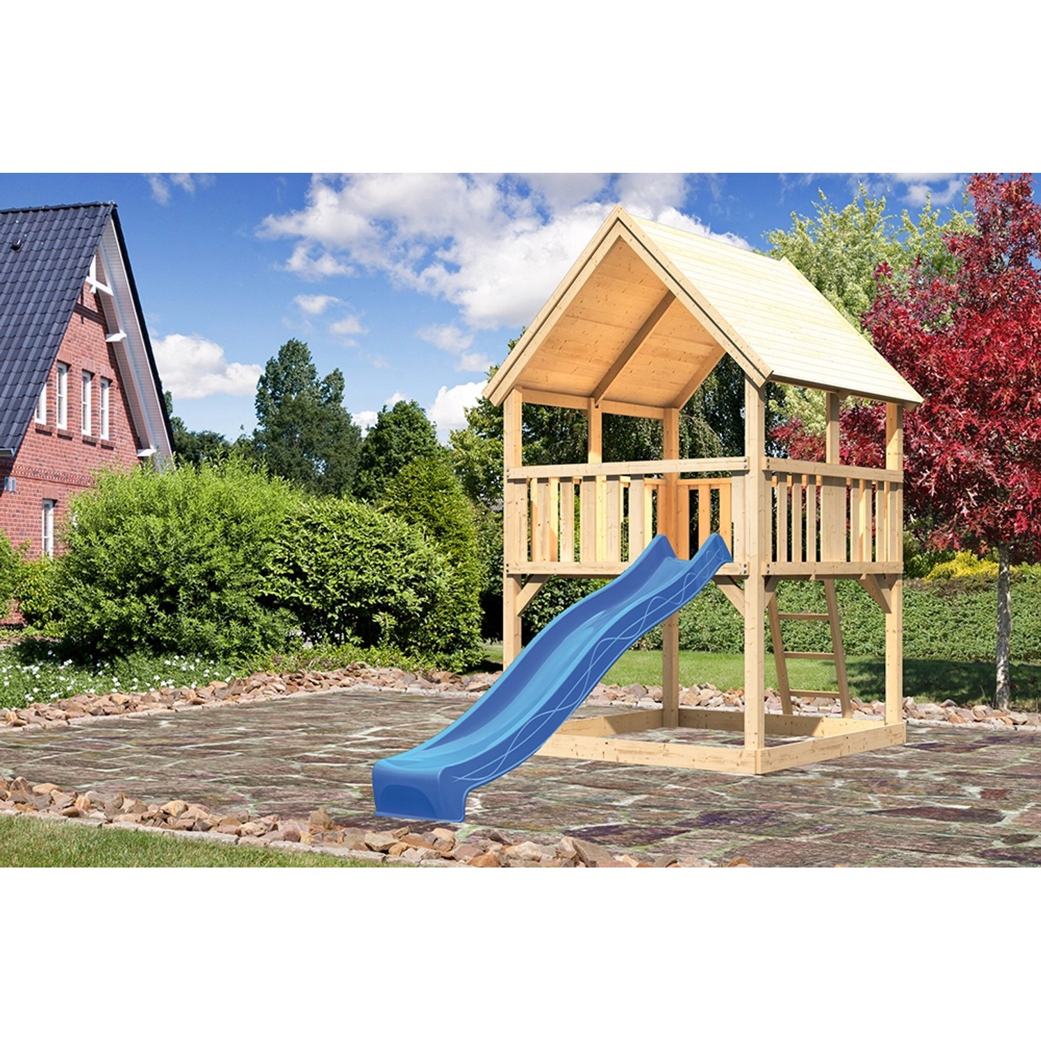 Karibu Spielturm Luis Satteldach m. Rutsche Set m. Rutsche Blau