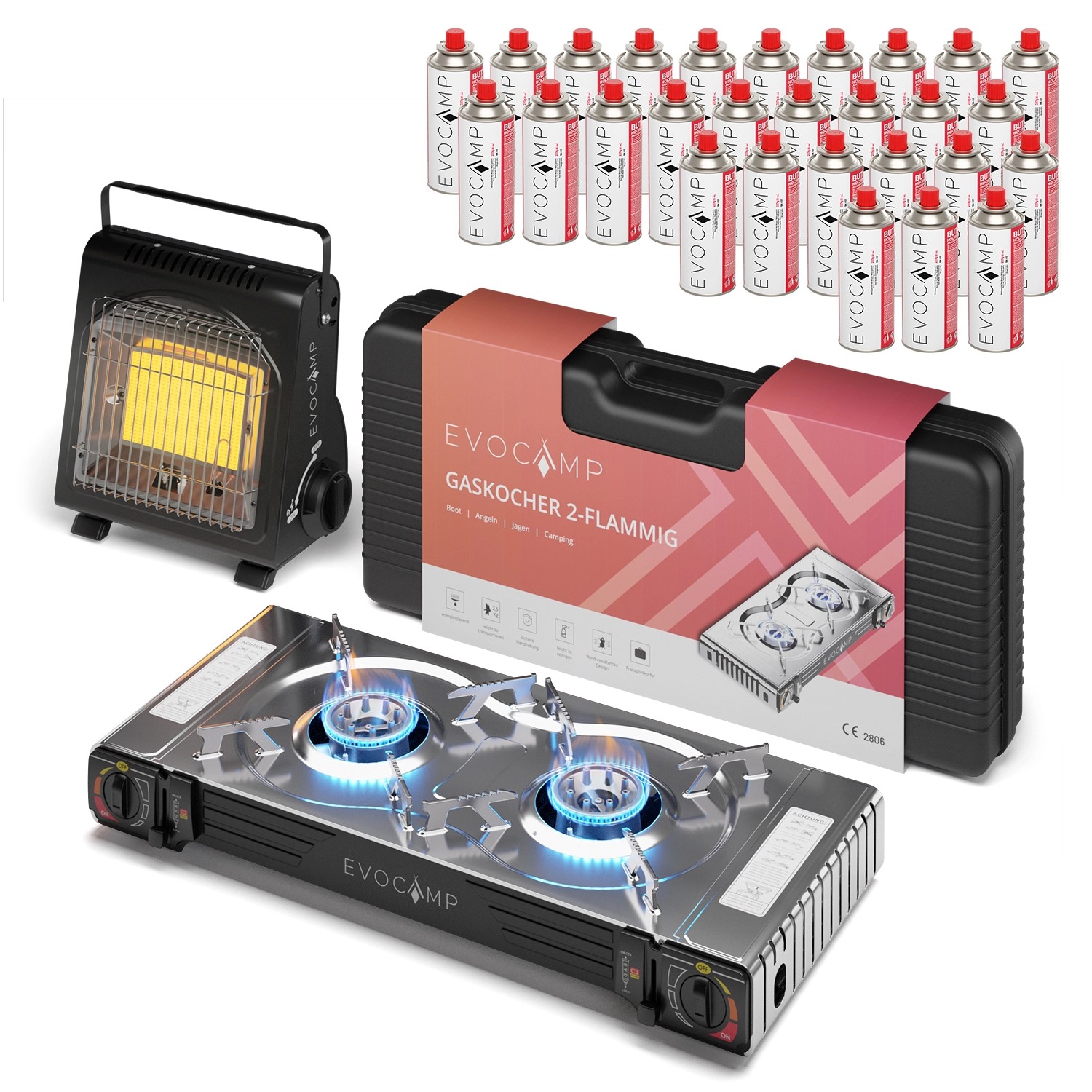 Evocamp Camping Gaskocher 2-Flammig mit Tragbarer Gasheizung 1,7 kW und 28 227 g Gaskartuschen MSF-1a