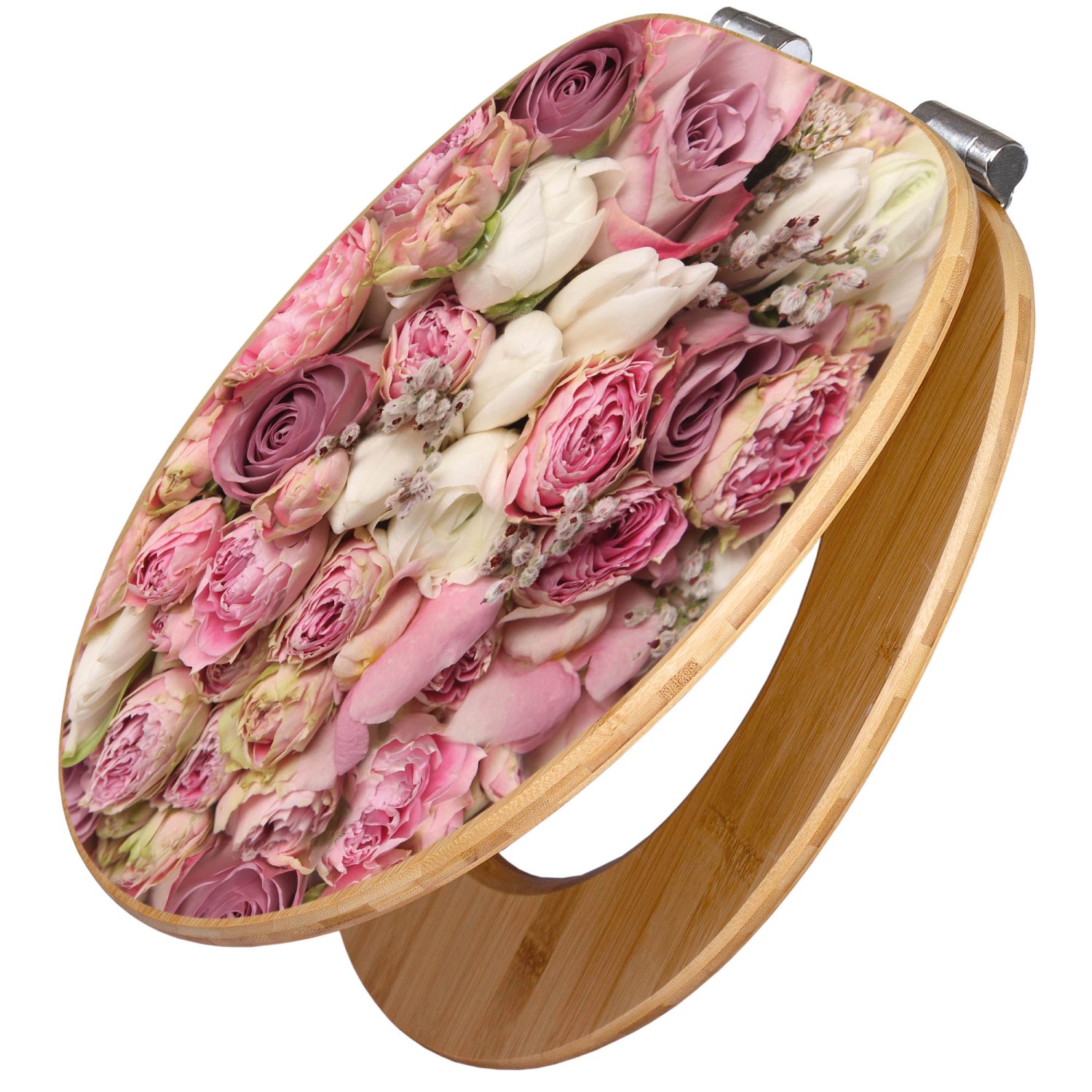 Banjado Design WC Sitz Bambus Holz Toilettendeckel Mit Absenkautomatik Klodeckel WC-Sitz Soft Close Mit Motiv Strauss Rosen
