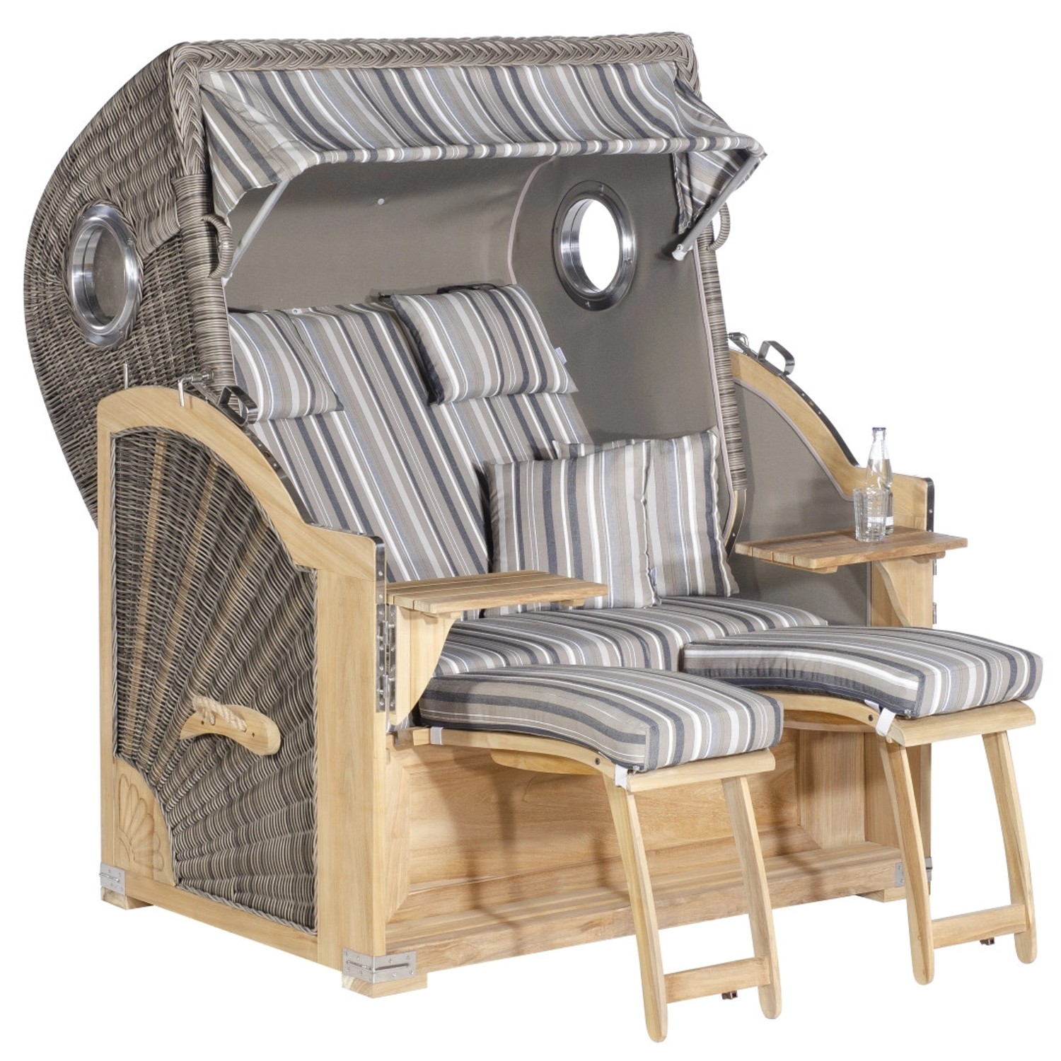 Natur24 Strandkorb Rustikal 500 Plus-Comfort Bullaugen 2-Sitzer Grau