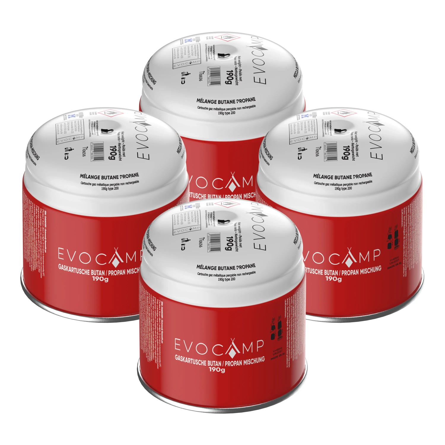 Evocamp Gaskartusche 4 Stück Butan Propan 190g Stechkartusche Typ 200 EN417 mit Sicherheitsventil für Gaskocher