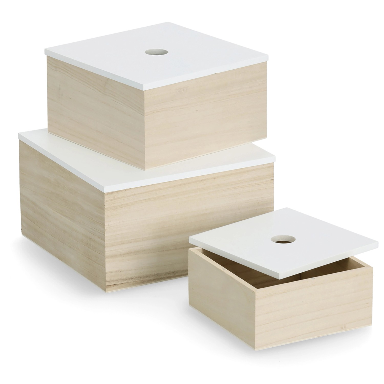 Zeller Aufbewahrungsboxen-Set Holz 24 cm x 24 cm x 14 cm 3-teilig Weiß-Natur