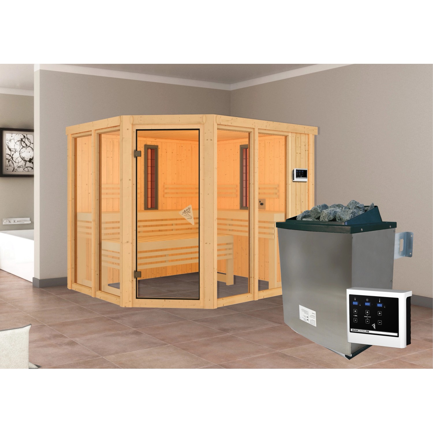 Karibu Infrarotkabine Anka mit Ofen externe Stg.+ 2 Infrarotstrahler Natur