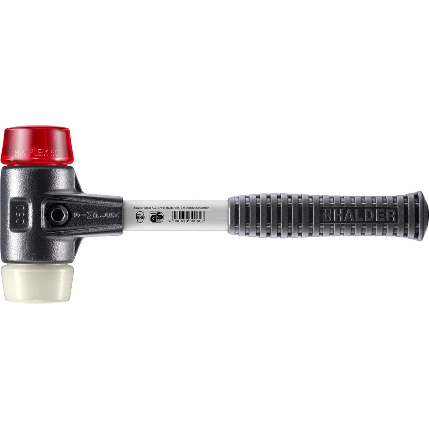 Halder Simplex Schonhammer Ø 50 mm Plastik Rot Nylon mit Verstärktem Tempergussgehäuse und FiberglasStiel