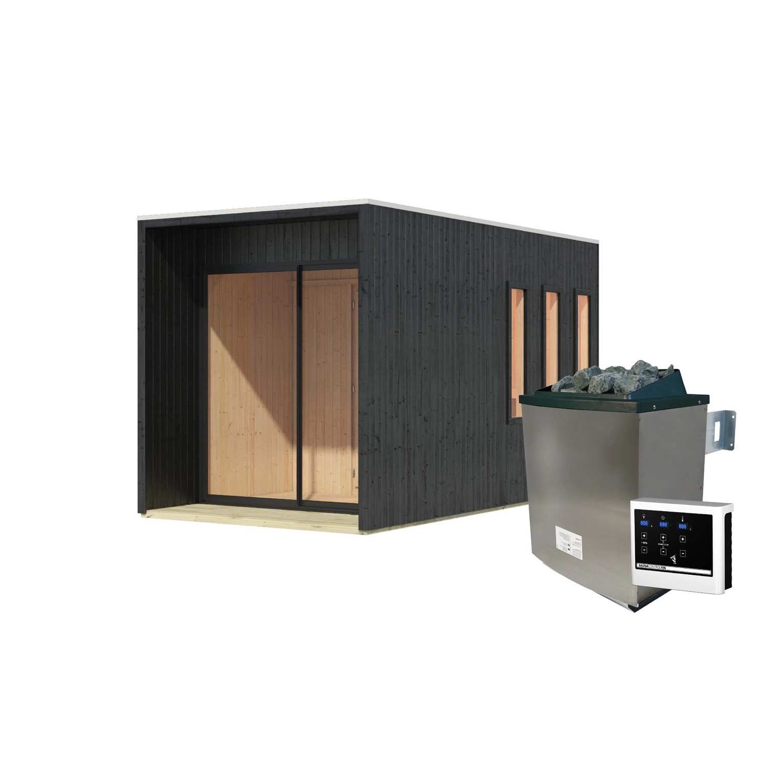 Karibu Saunahaus Cancun Set Schwarz mit Ofen 9 kW extr. Steuerung