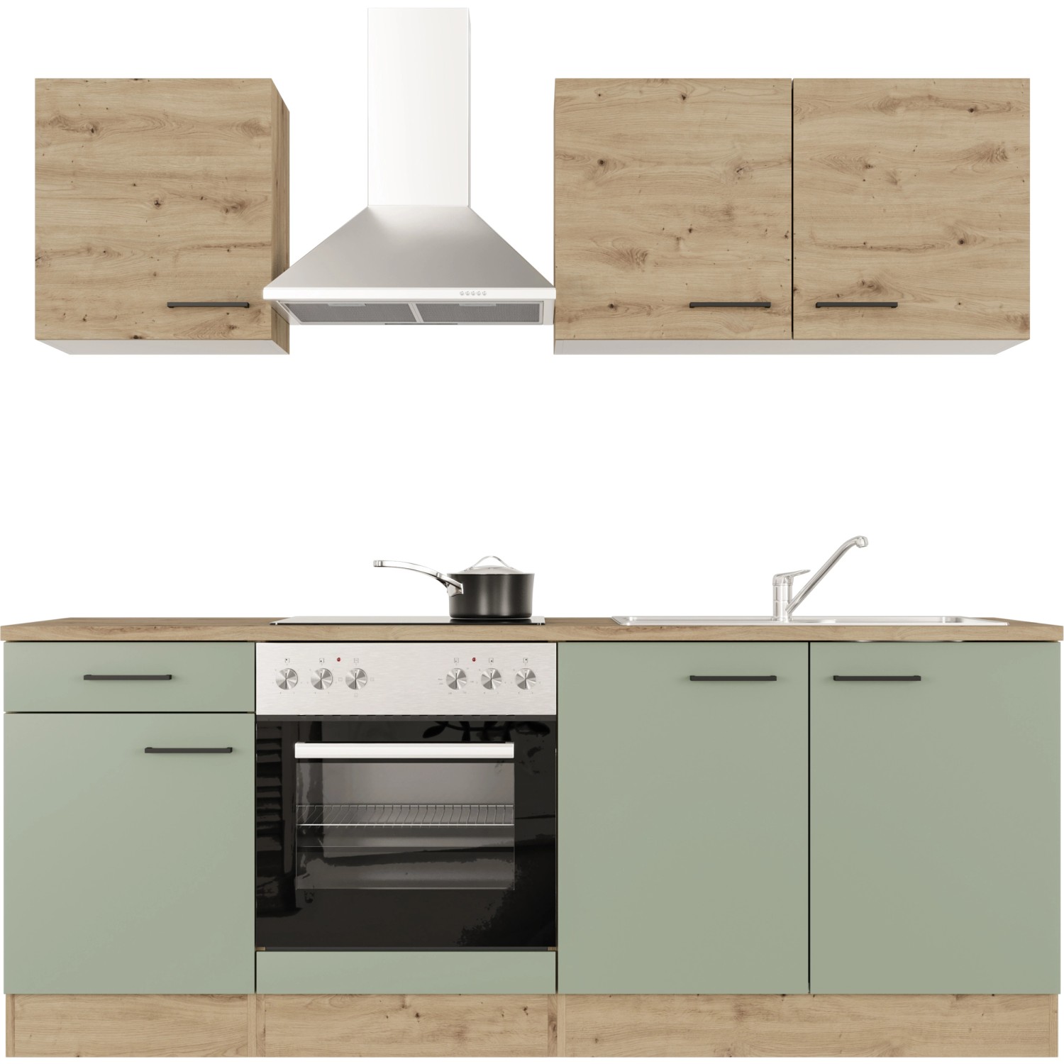 Flex-Well Exclusiv Küche 1601-036 Cara 210 cm Schilfgrün matt - Artisan Eiche