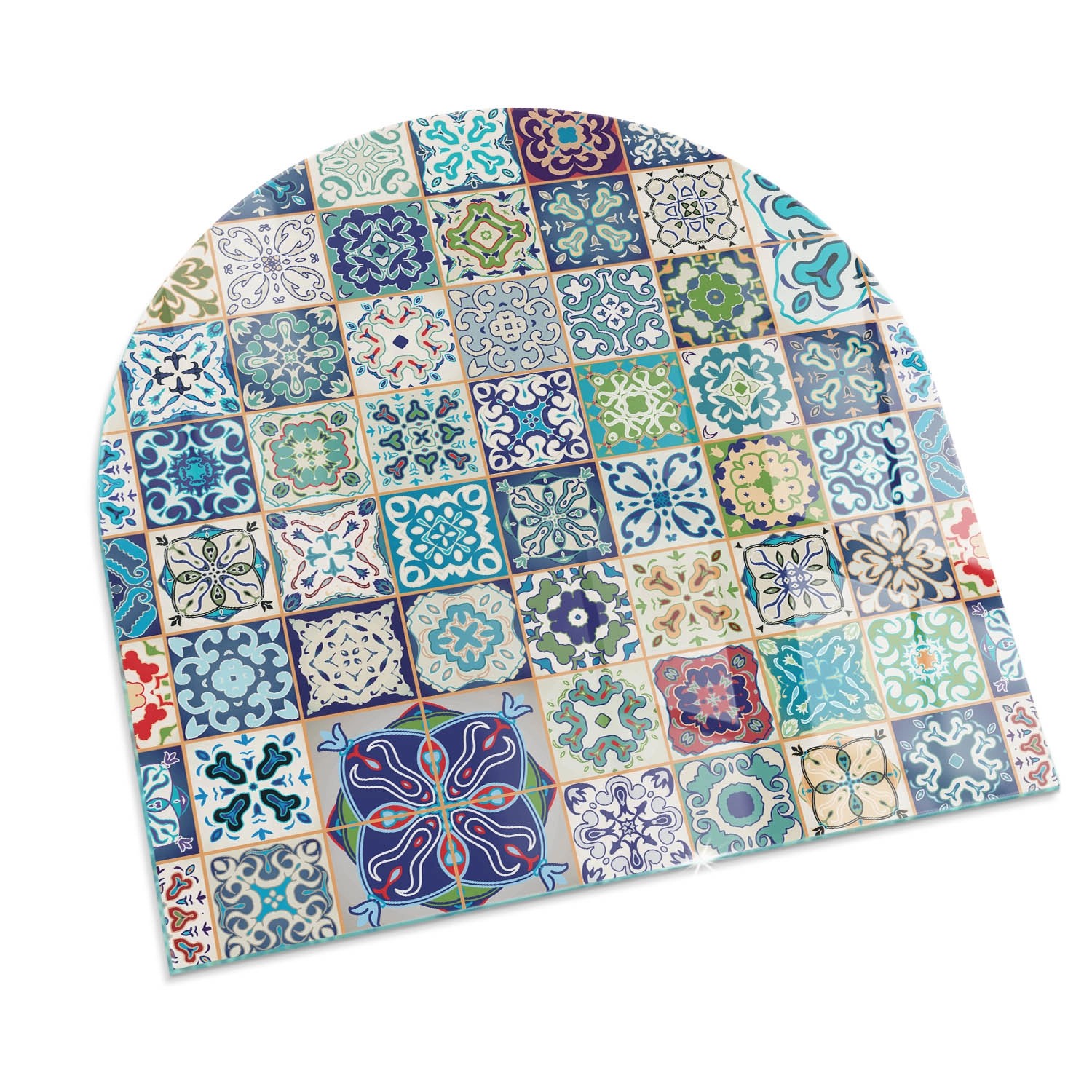 Tulup Glasplatte für Kamin Mosaikmuster auf Fliesen Glas unter Kamin Halbkreis 100x100 cm Blau Glasplatte für Kamin Glasplatte unter Kamin