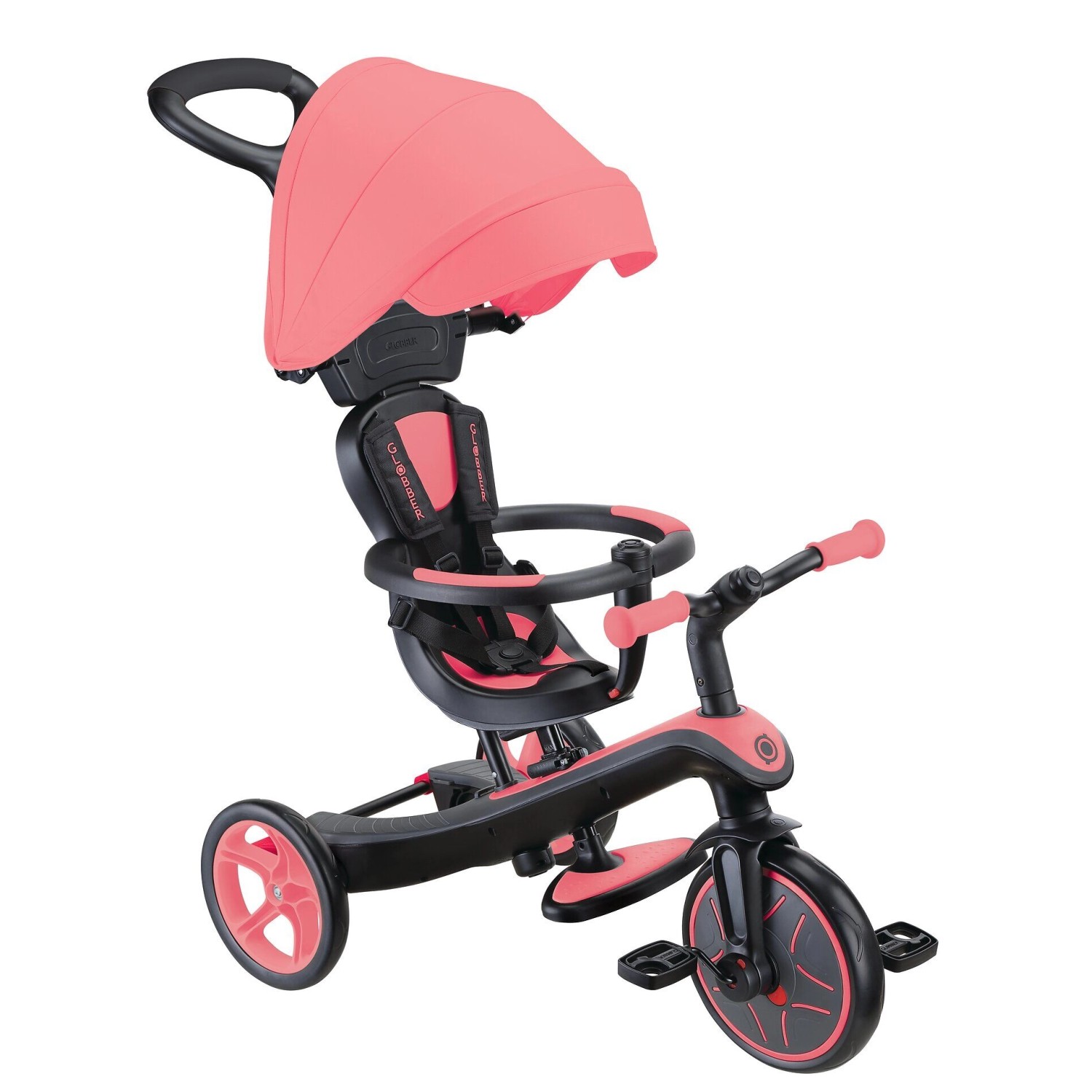 Globber Explorer Trike 4in1 Kinderwagen Dreirad und Laufrad 10/8,5 Zoll TPR-Sitz Höhenverstellbar Coral Pink