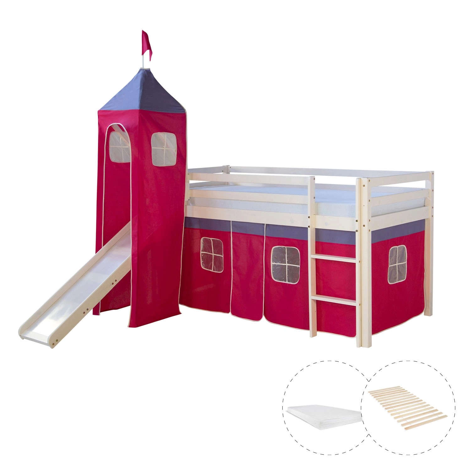 Homestyle4u Hochbett 90x200 mit Vorhang Lattenrost Matratze Rutsche Turm in Weiß 2583