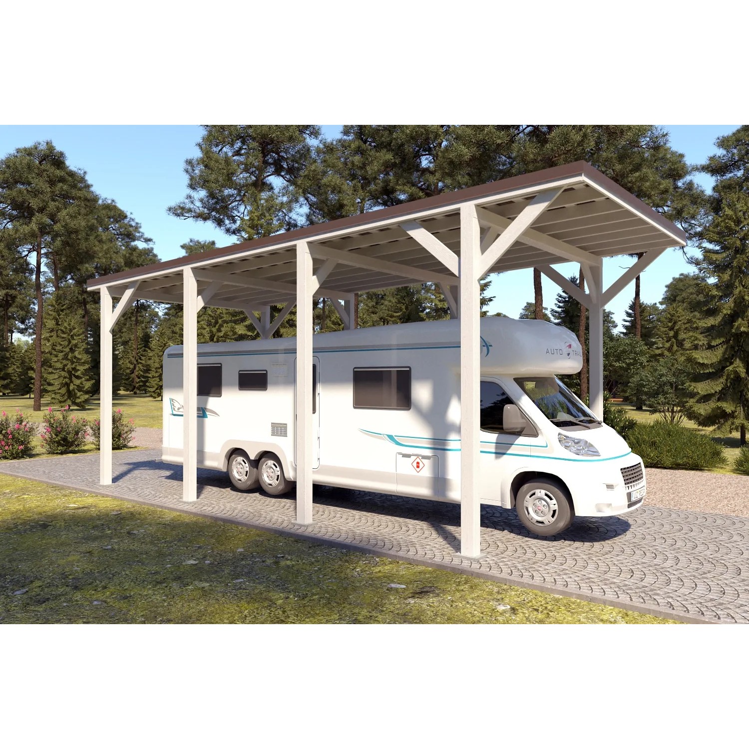 Holzbrüder Camping-Carport Ralf 32m² Reinweiß-Dunkelbraun