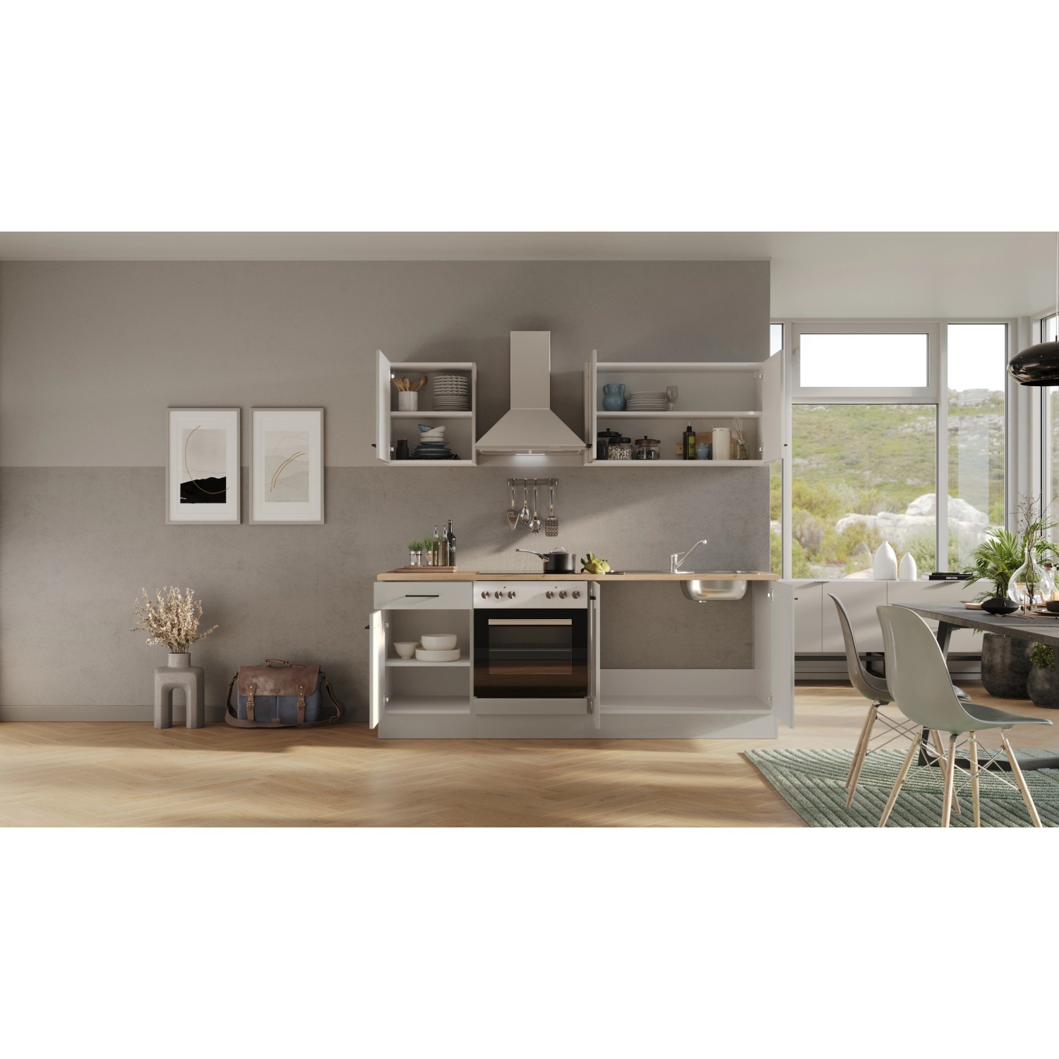 Flex-Well Exclusiv Küchenzeile 1601-036 Lund 210cm Lichtgrau glänzend -Rauchgrau