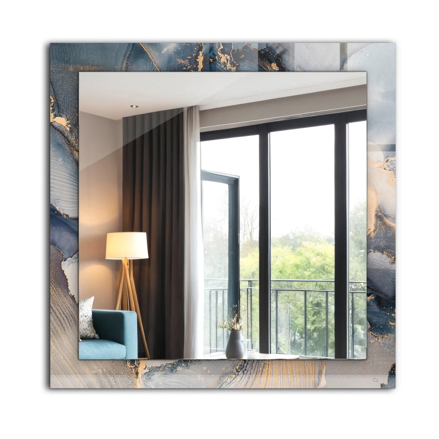 Tulup Bedruckte Spiegel Abstrakte Blaue Kunst 60x60 cm Rechteckig Spiegel mit Dekoration Dekorativer Spiegel Spiegel Ornamente