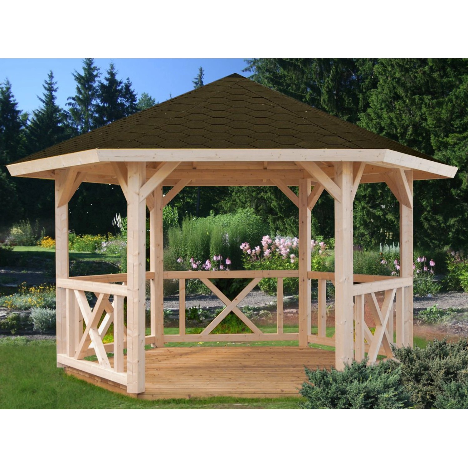 Palmako Holz-Pavillon Betty Natur unbehandelt 384 cm x 337 cm ohne Fußboden