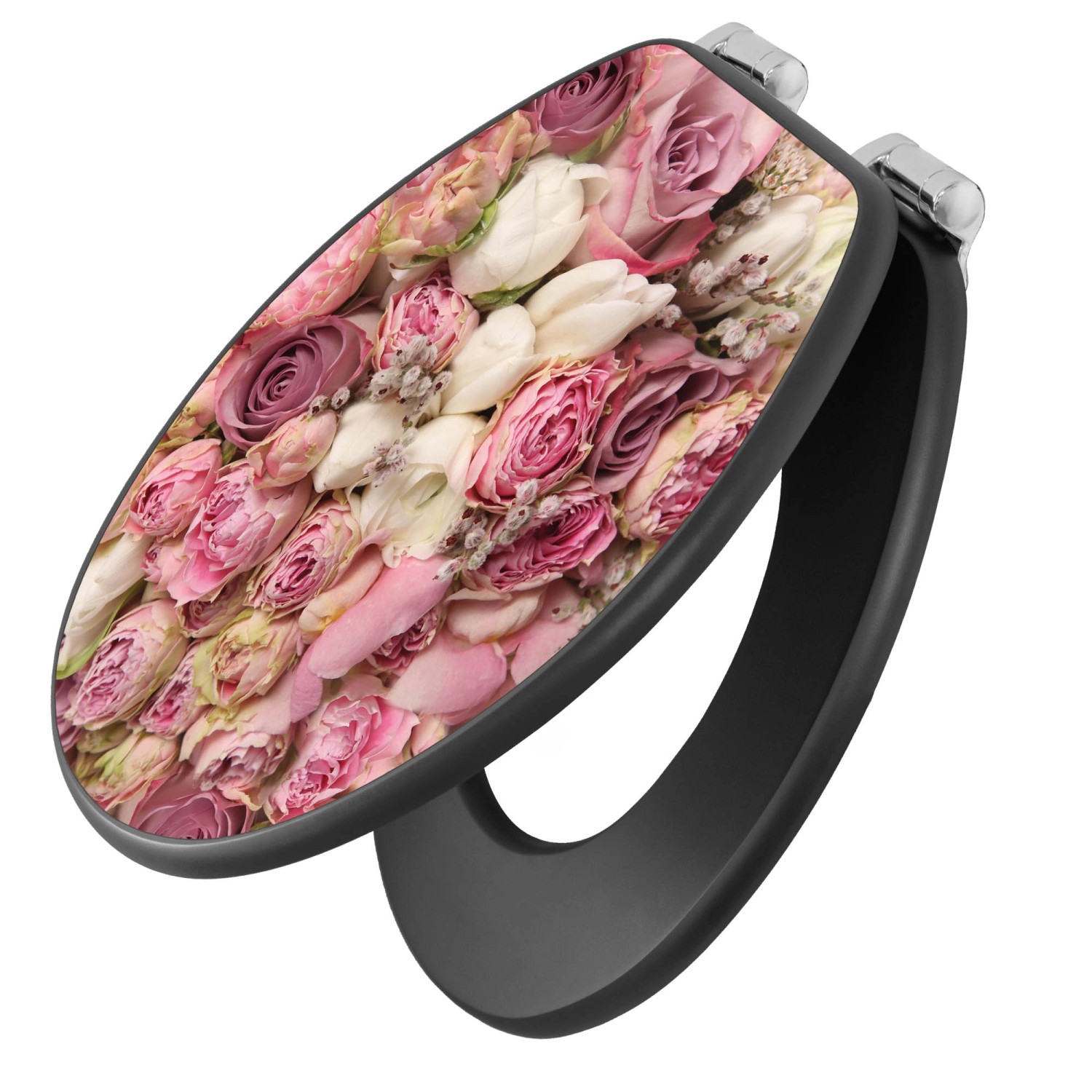 Banjado Anthrazit Toilettendeckel Mit Absenkautomatik WC-Sitz Soft Close Hygienischer Klodeckel MDF Mit Motiv Strauss Rosen