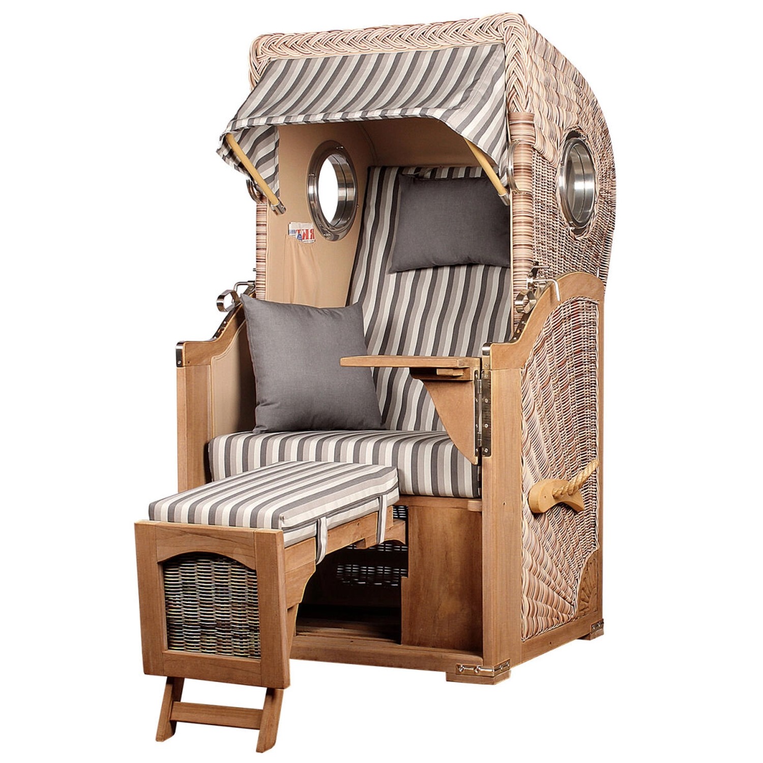 bene living Strandkorb Komplettset Ammersee Single Teak Bullauge PE Shell Modell 545 Inkl Liftersystem Schutzhülle Doppelrollen Glasbecherhalter