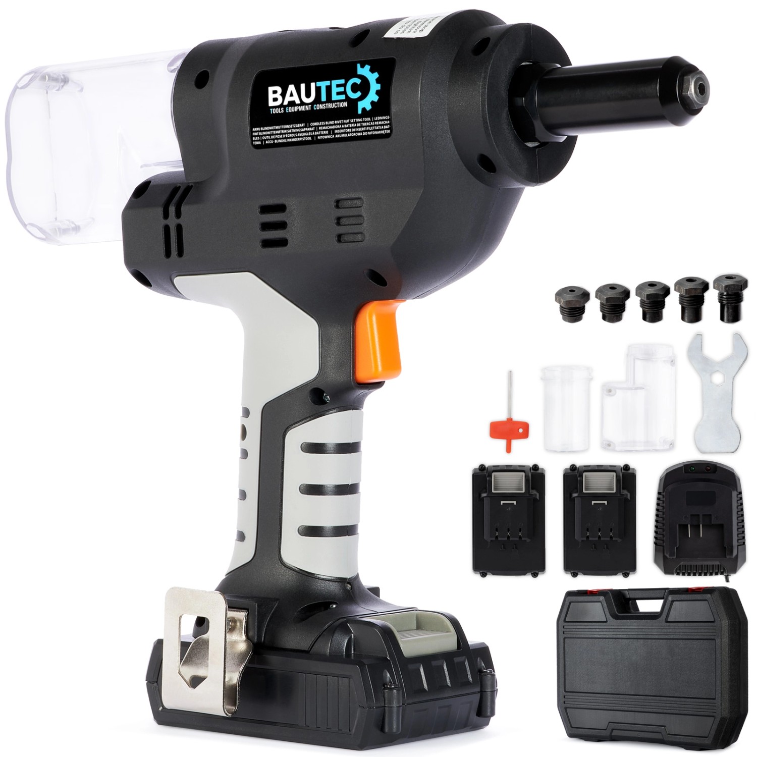 BAUTEC Akku-Blindnietsetzgerät 20 kN für Blindnieten von 3,2 - 6,4 mm Profi-Serie Kofferset mit 2 Li-Ion Akkus