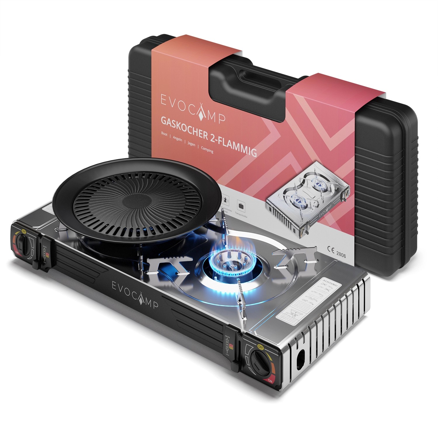 Evocamp Camping Gaskocher 2-Flammig mit Piezozündung und Grillaufsatz Rund 32 cm