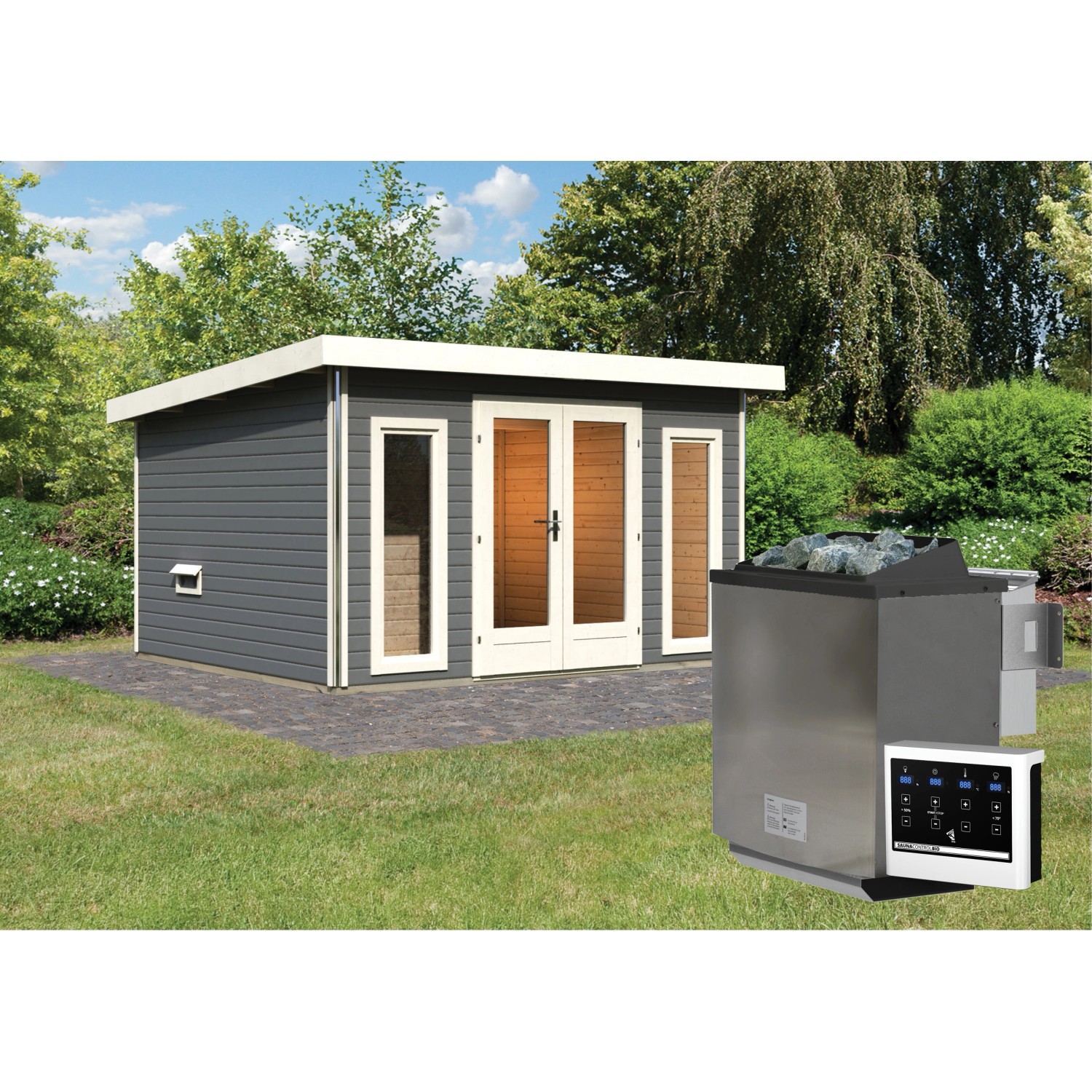 Saunahaus Magnus 2-Set A Terragrau inkl. Ofen 9 kW Bio ext. Strg.