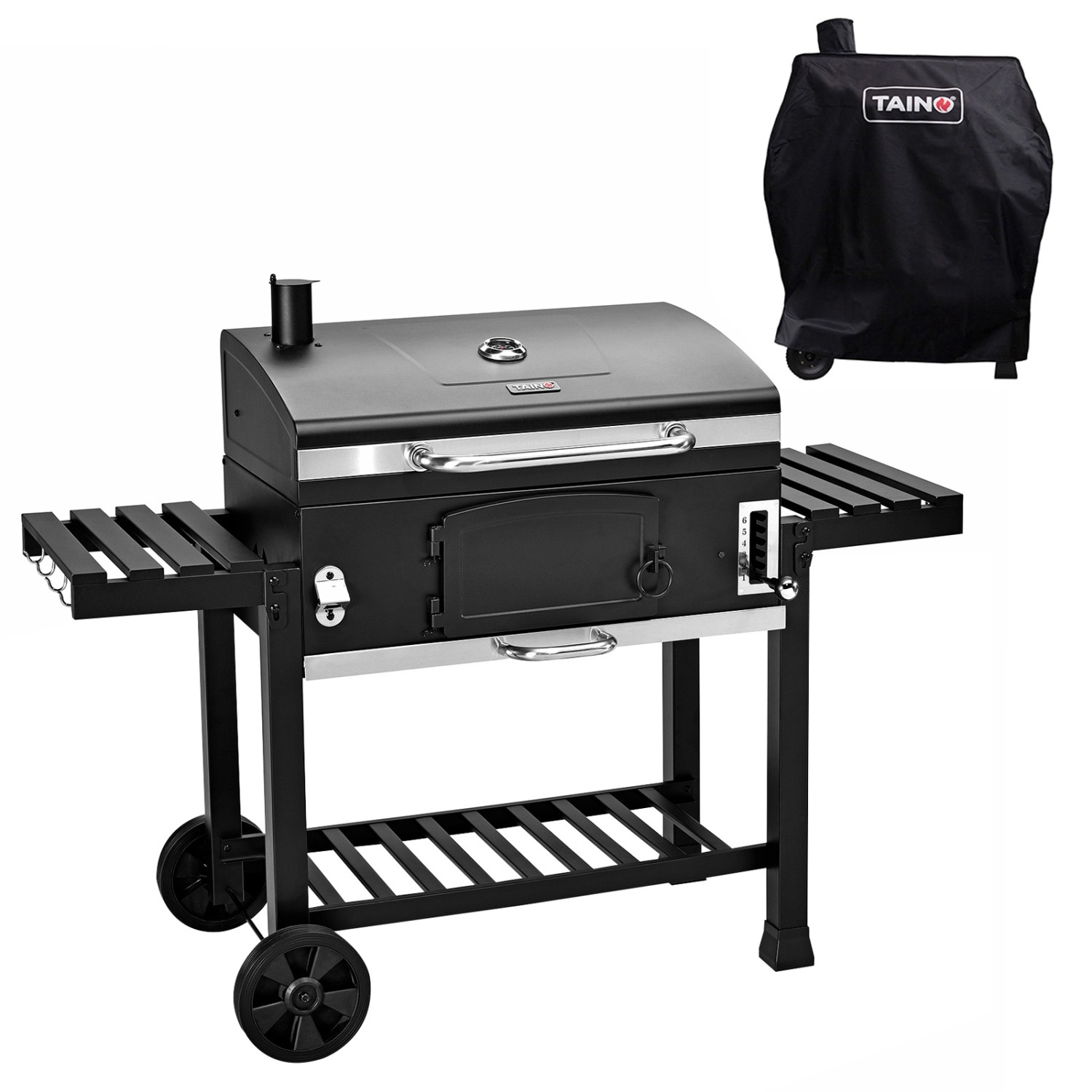 Taino Hero XXL Smoker Set Mit Haube BBQ Grillwagen Holzkohlegrill Grill Räucherofen Schwarz