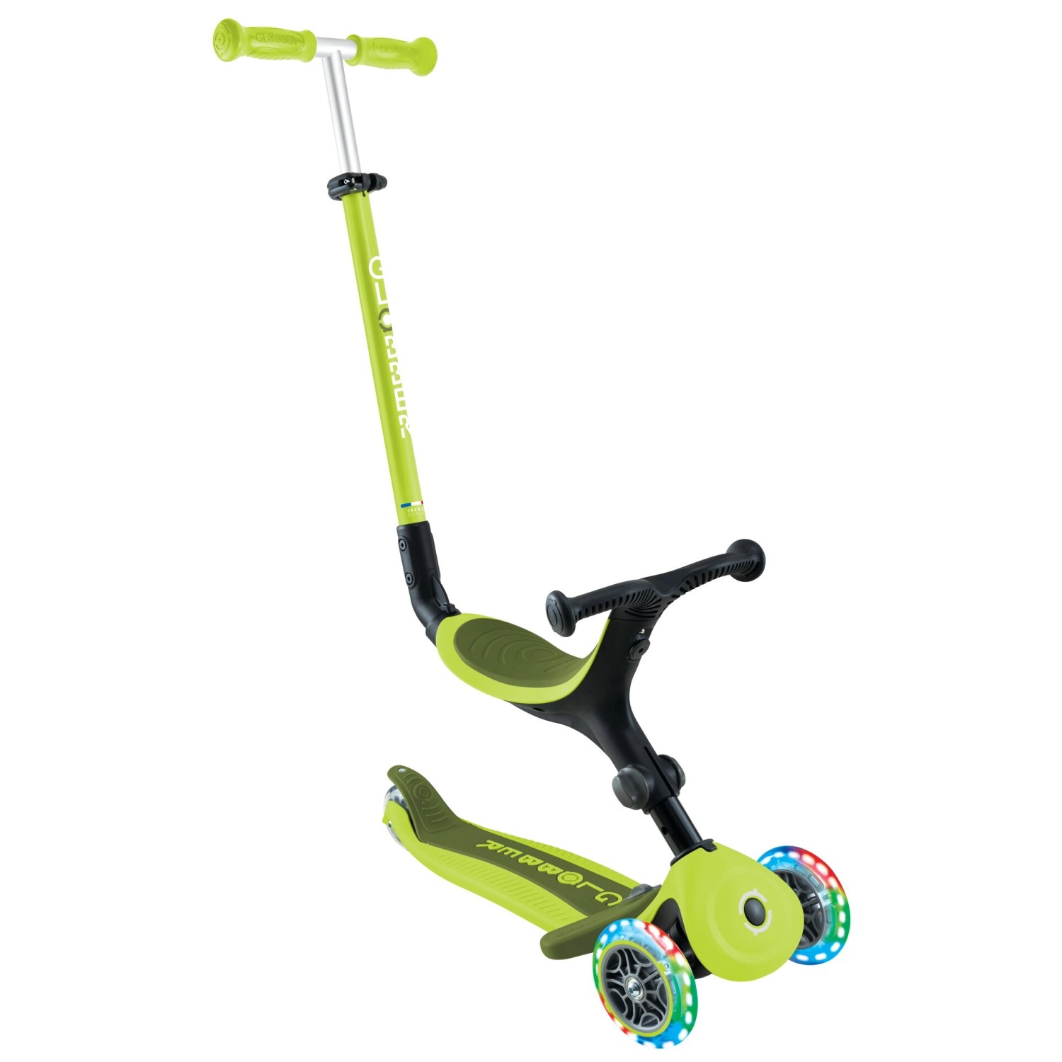 Globber Go-Up Active Lights 3 in 1 Dreirad Laufrad und Scooter 120/80 mm 3-Rädrig Höhenverstellbar Lime Grün