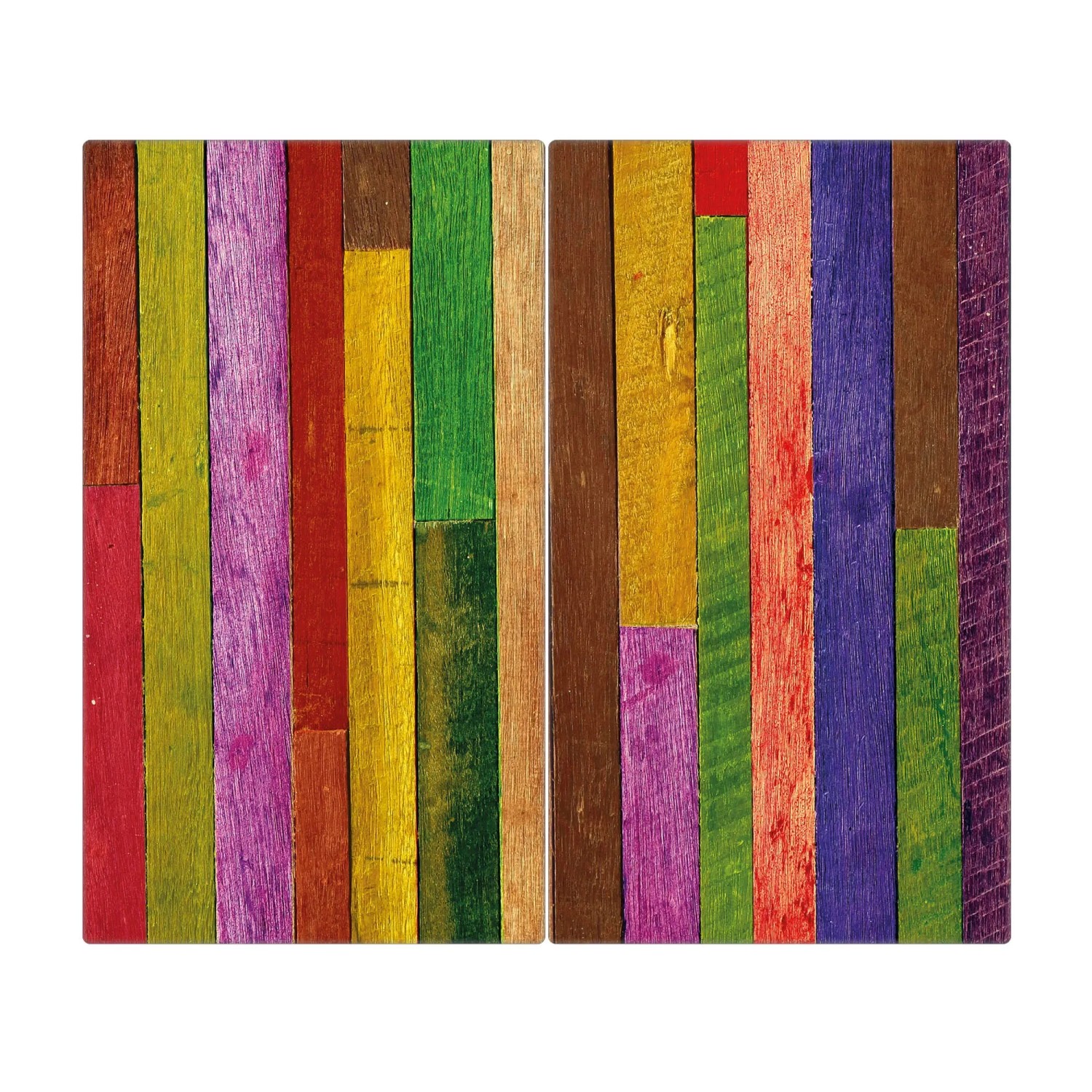 Banjado Herdabdeckplatte Glas 2 Teilig Je 30x52CM Schneidebrett Herdabdeckung Mit Motiv Holz Collage Bunt
