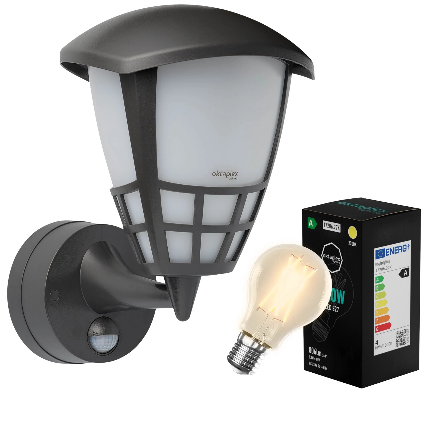 Oktaplex Bel Außenlampe mit Sensor Bel inklusive E27 Leuchtmittel Warmweiß IP54 Anthrazit