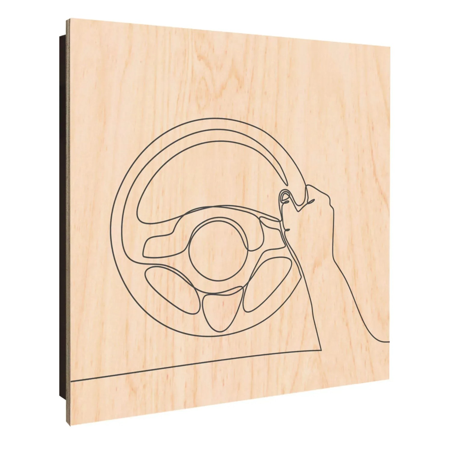 Banjado Schlüsselkasten Holz 30x30cm Schwarz Scharnier Rechts 50 Haken Design Schlüsselbox Motiv Lineart Lenkrad