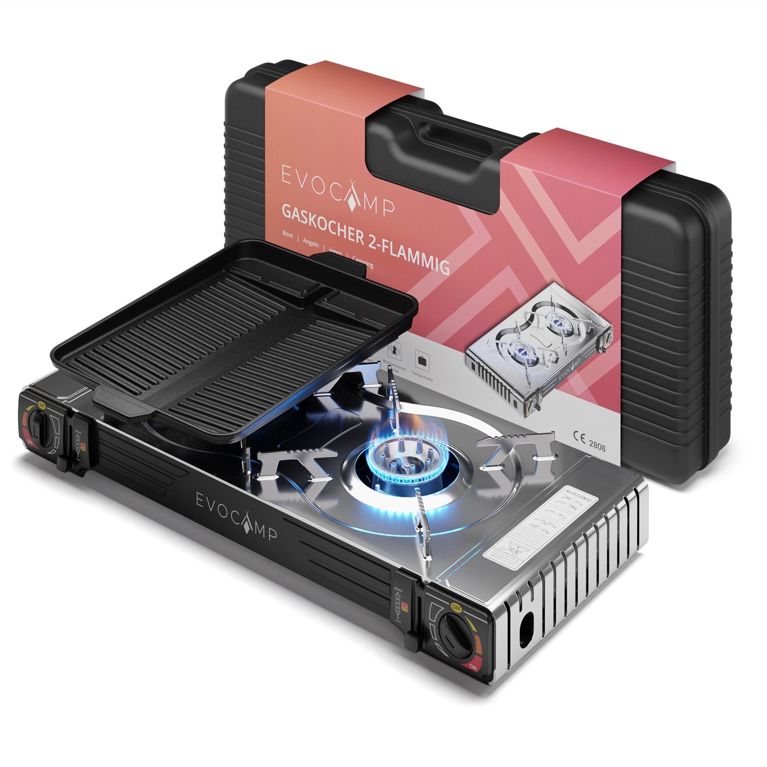 Evocamp Camping Gaskocher 2-Flammig mit Piezozündung und Grillaufsatz Eckig 38 cm