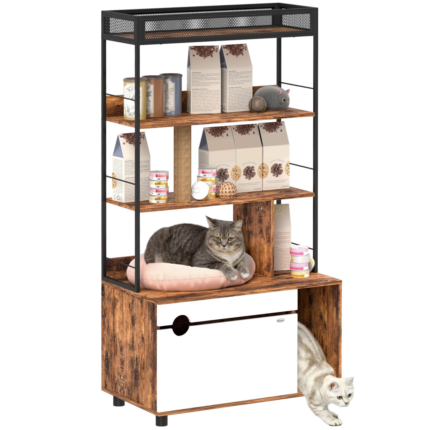 PawHut Katzenklo Schrank Spanplatte Stahl Rustikal Braun 80L x 48B x 152H cm
